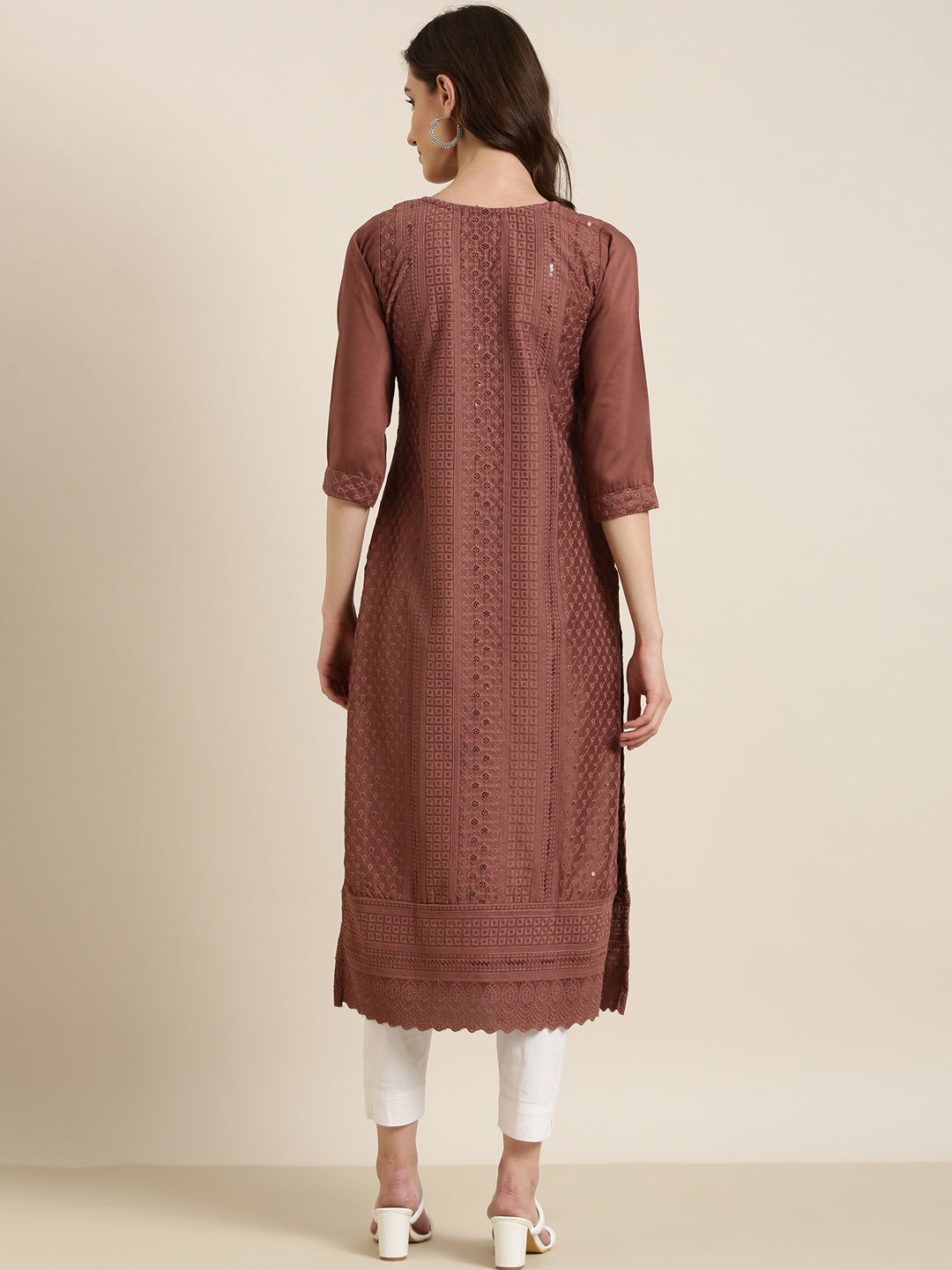 Women Brown Embellished Straight Kurta