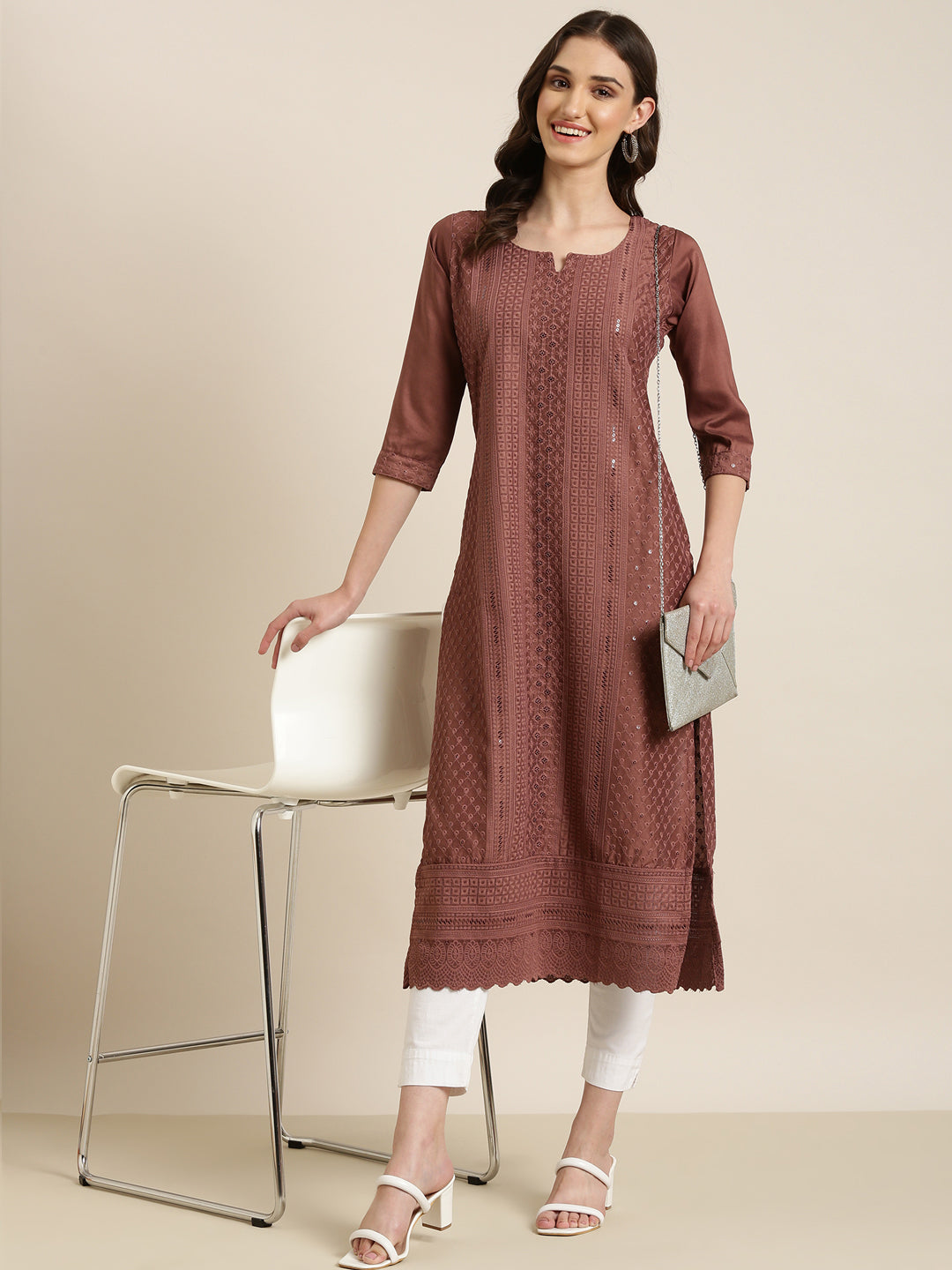 Women Brown Embellished Straight Kurta