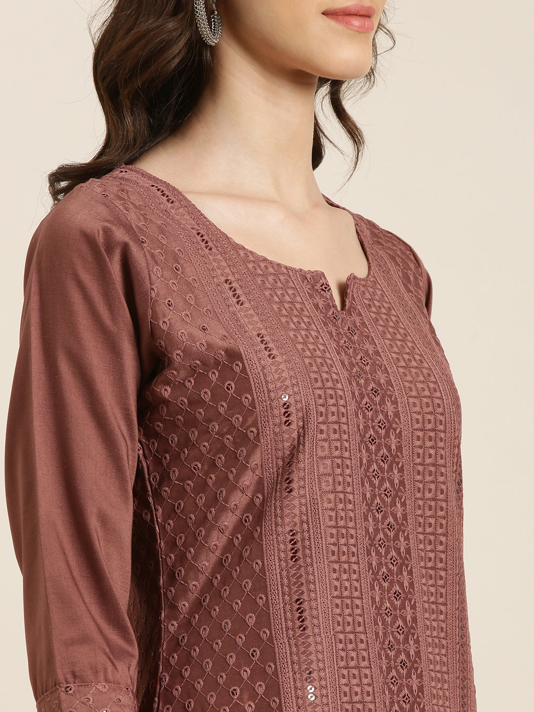 Women Brown Embellished Straight Kurta