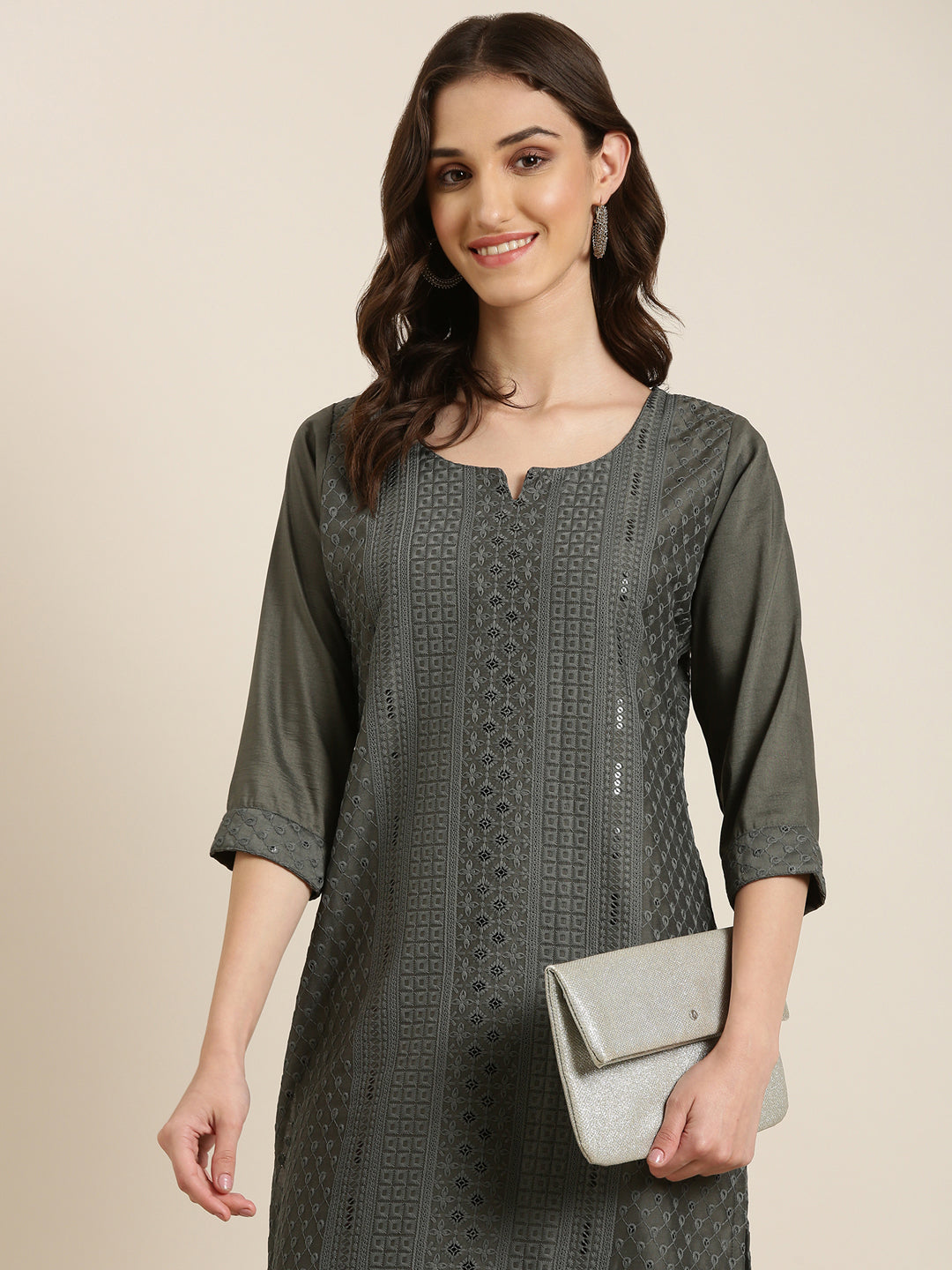 Women Grey Embellished Straight Kurta