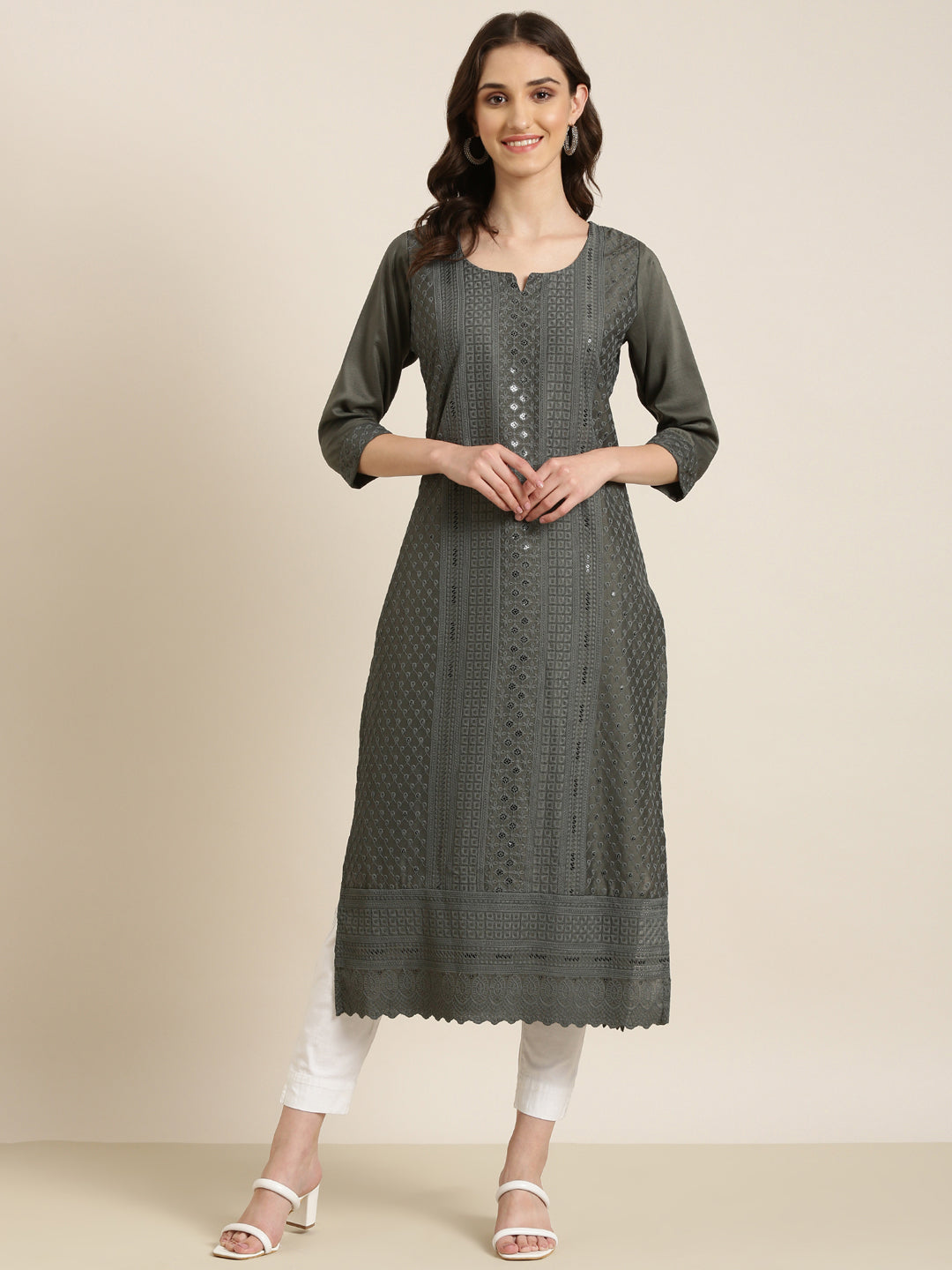 Women Grey Embellished Straight Kurta