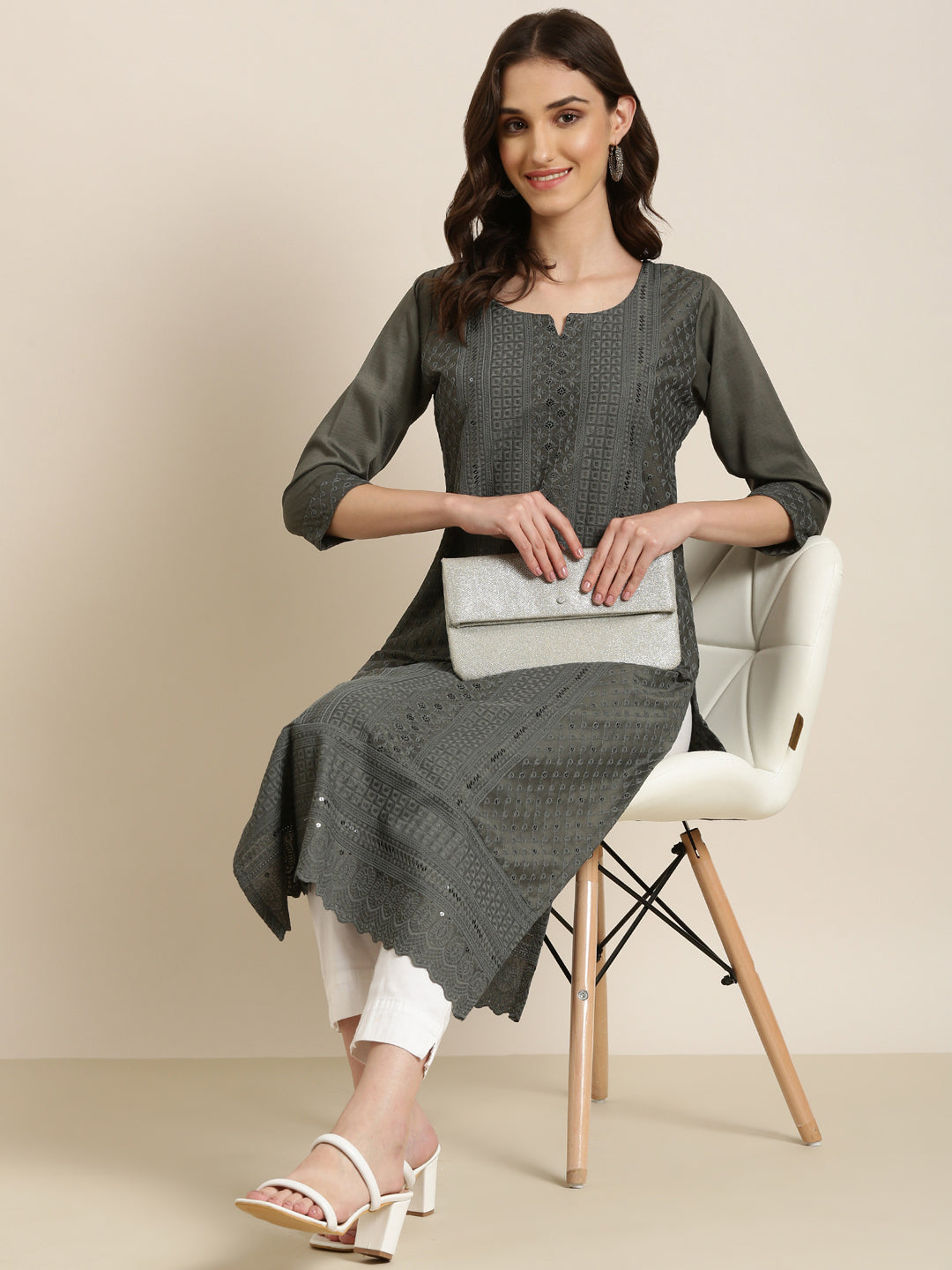 Women Grey Embellished Straight Kurta