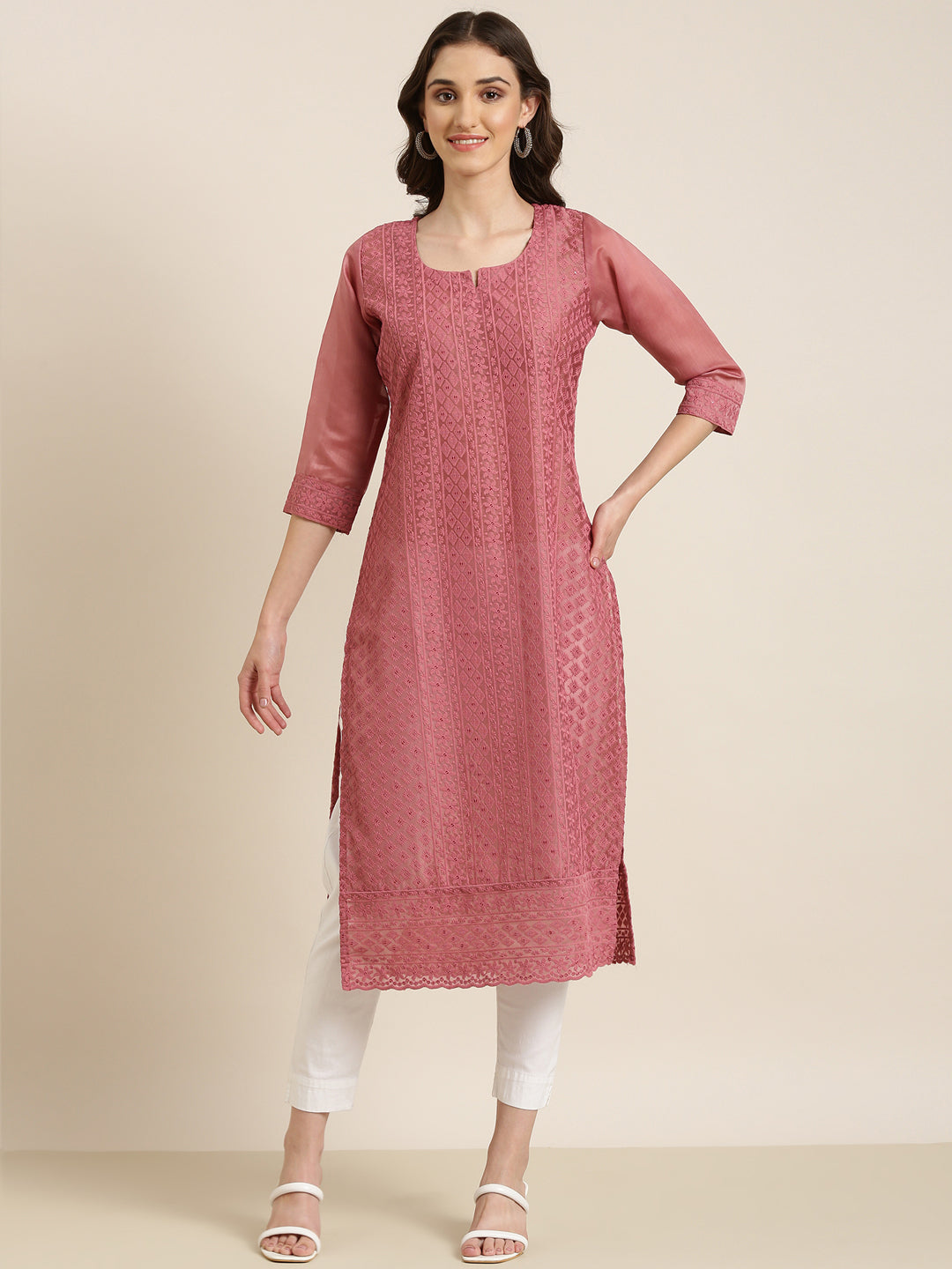 Women Mauve Embellished Straight Kurta