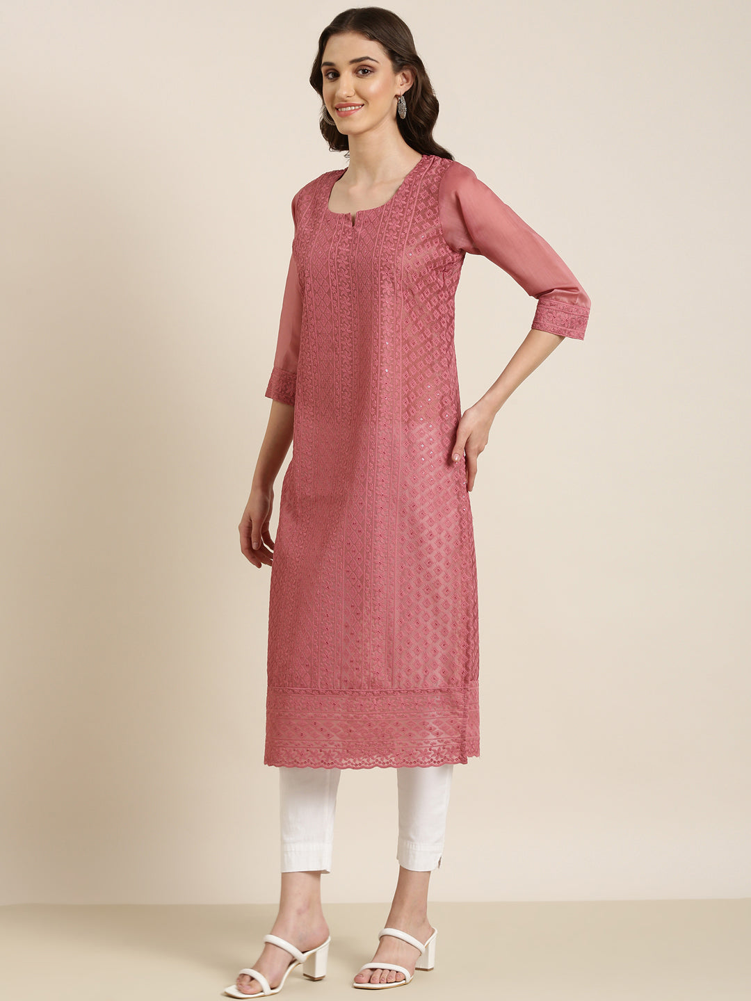 Women Mauve Embellished Straight Kurta