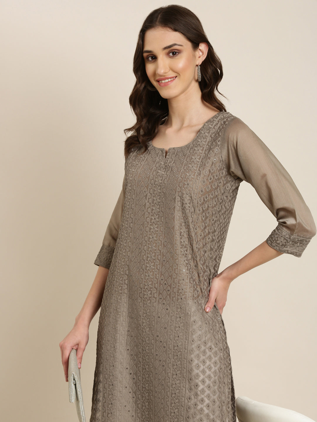 Women Taupe Embellished Straight Kurta