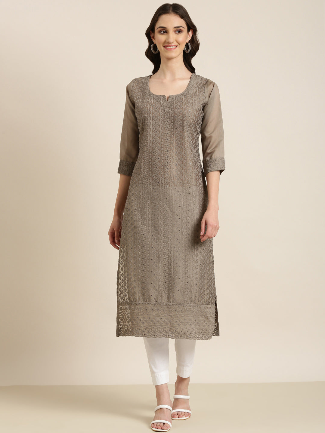 Women Taupe Embellished Straight Kurta