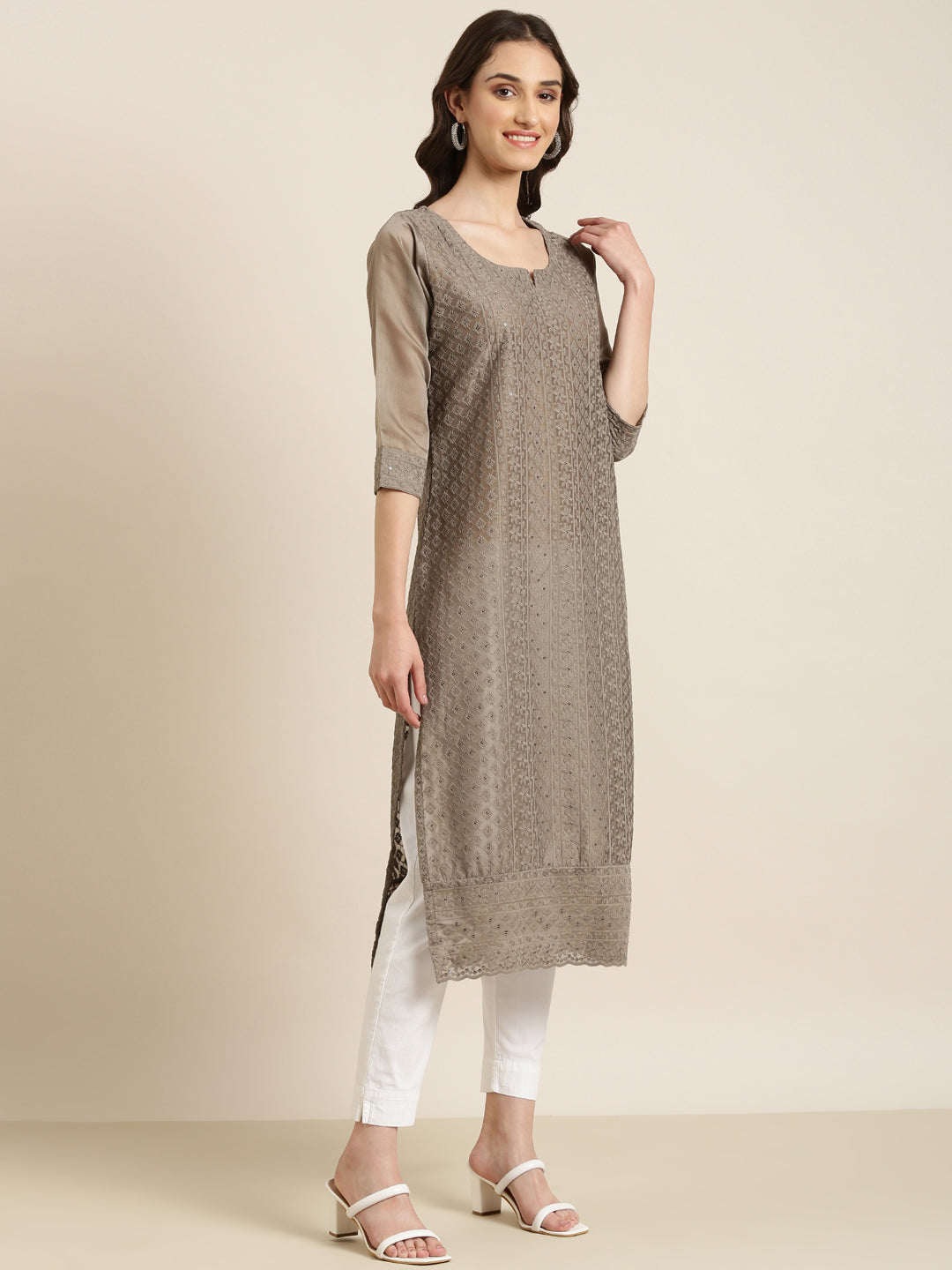 Women Taupe Embellished Straight Kurta