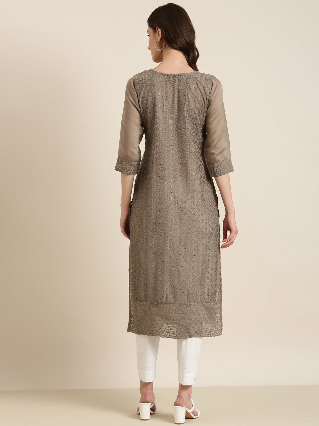 Women Taupe Embellished Straight Kurta