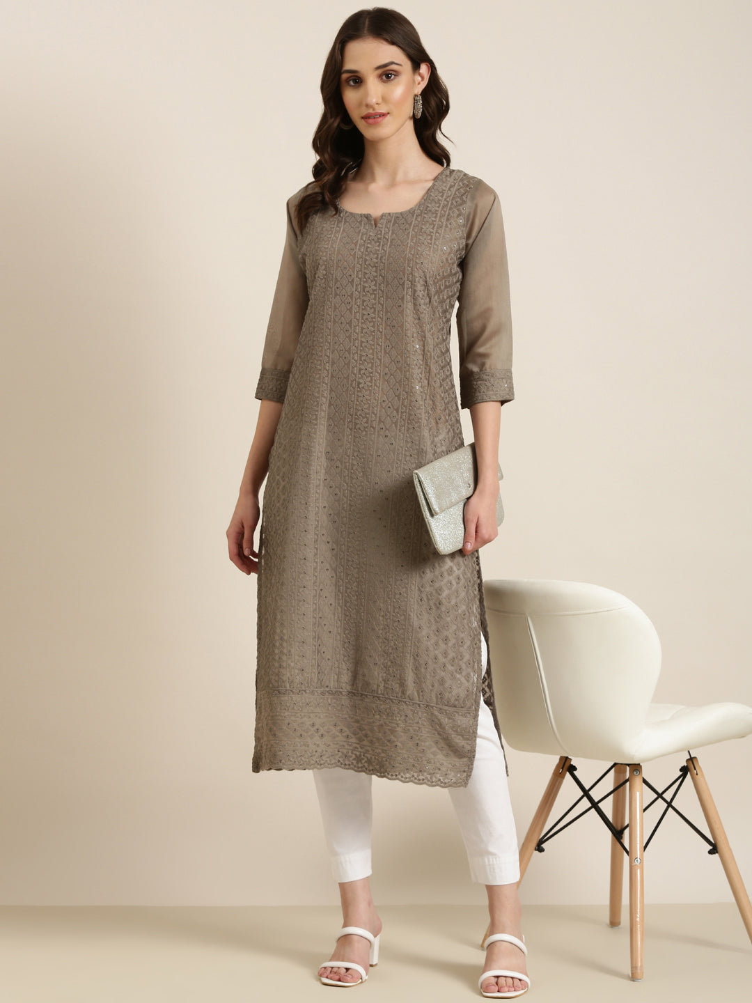 Women Taupe Embellished Straight Kurta