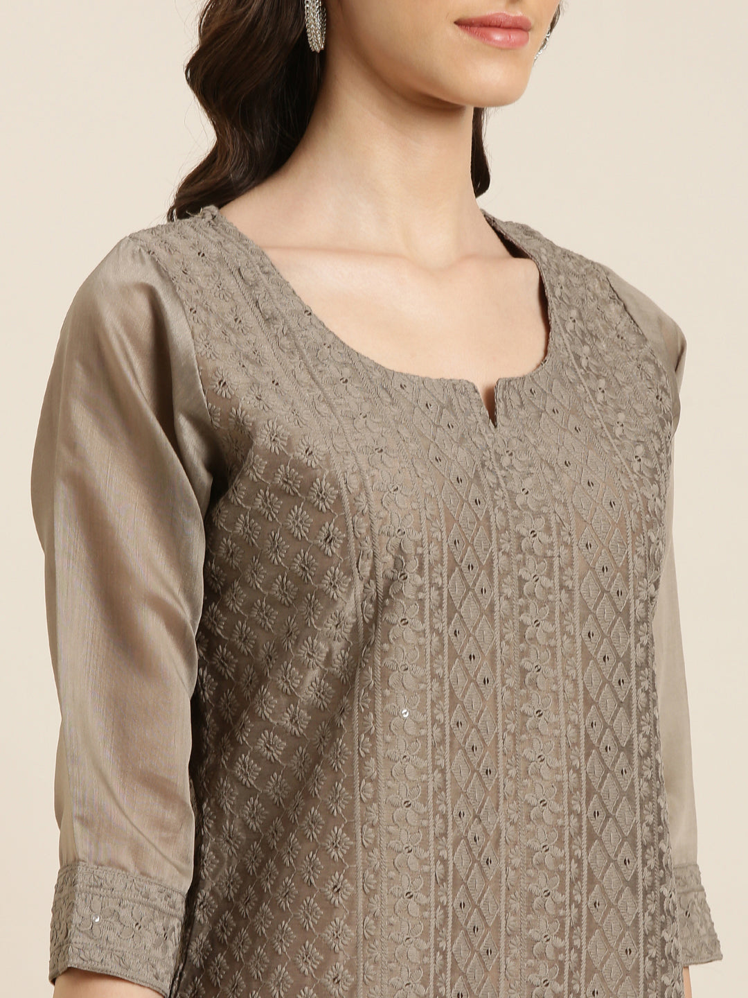 Women Taupe Embellished Straight Kurta