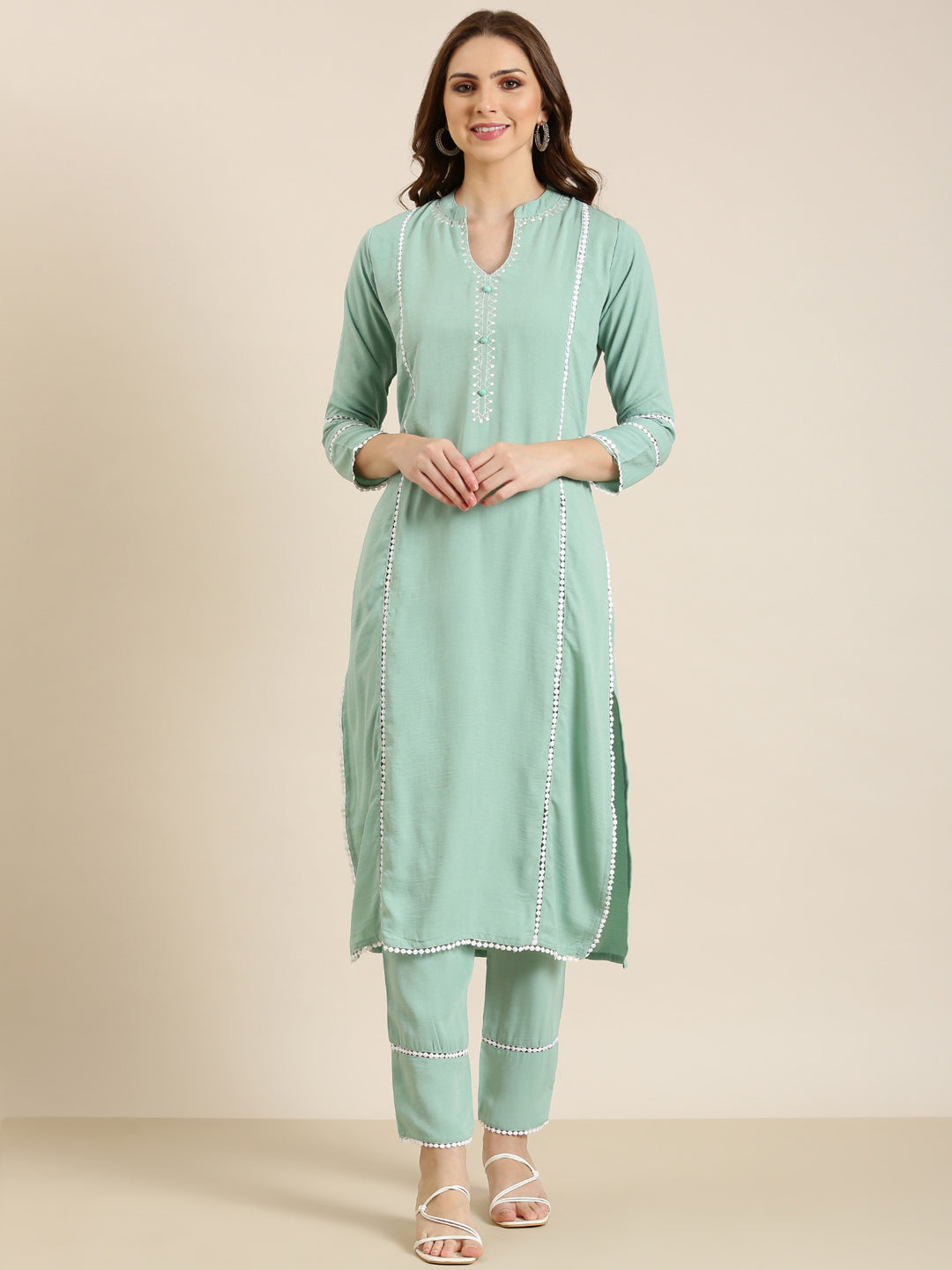 Women Sea Green Solid Straight Kurta Set