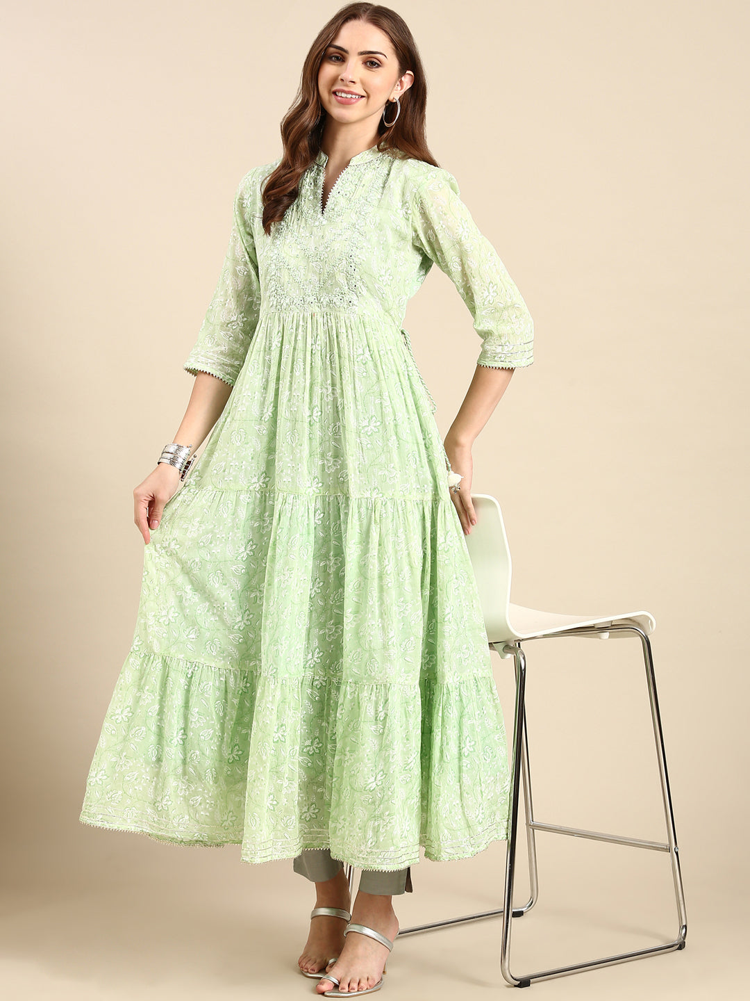 Women's Green Floral Anarkali Kurta