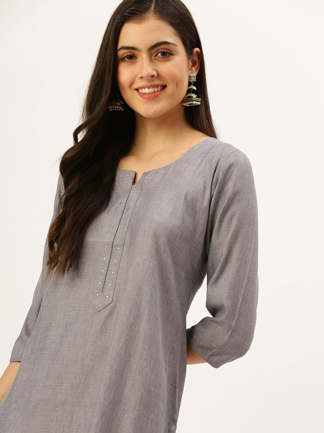 Women's Grey Embellished Straight Kurtas