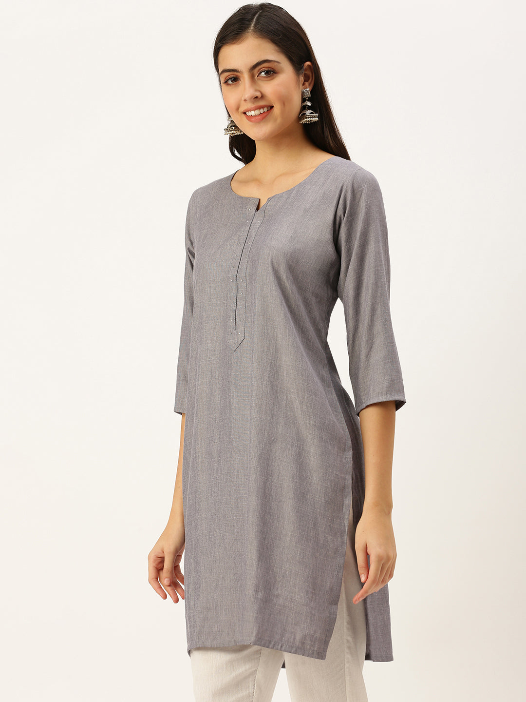 Women's Grey Embellished Straight Kurtas