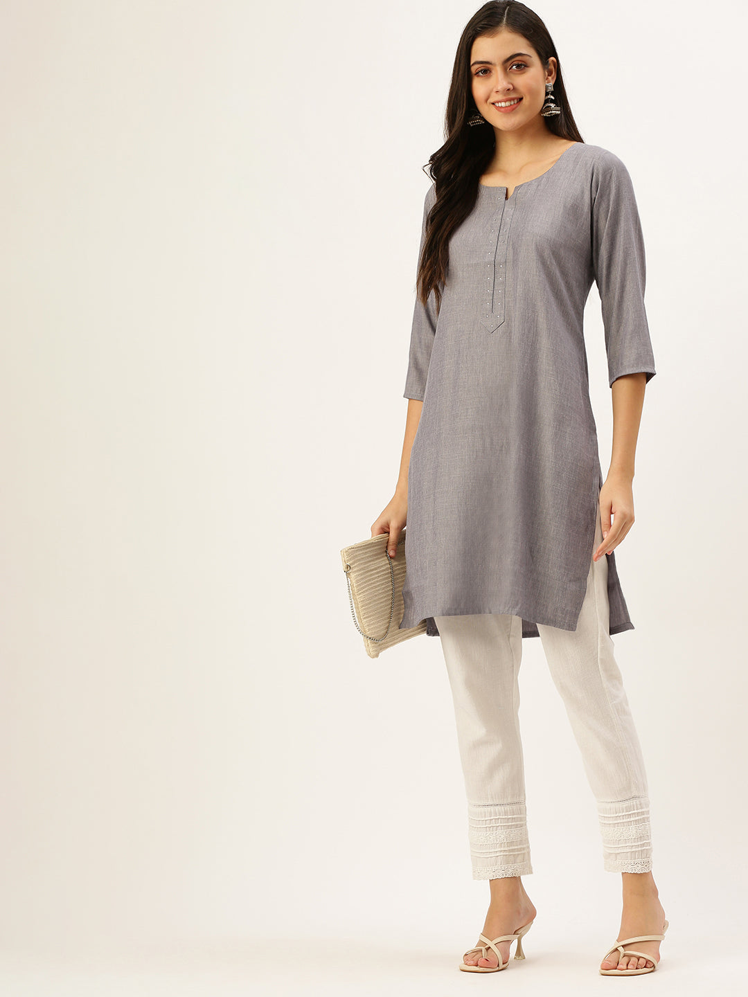 Women's Grey Embellished Straight Kurtas