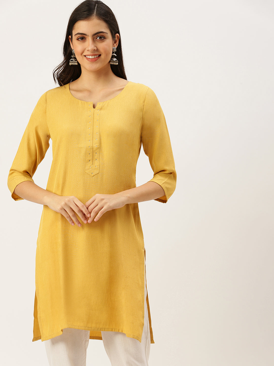 Women's Yellow Embellished Straight Kurtas