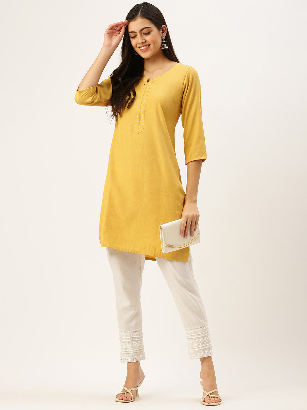 Women's Yellow Embellished Straight Kurtas