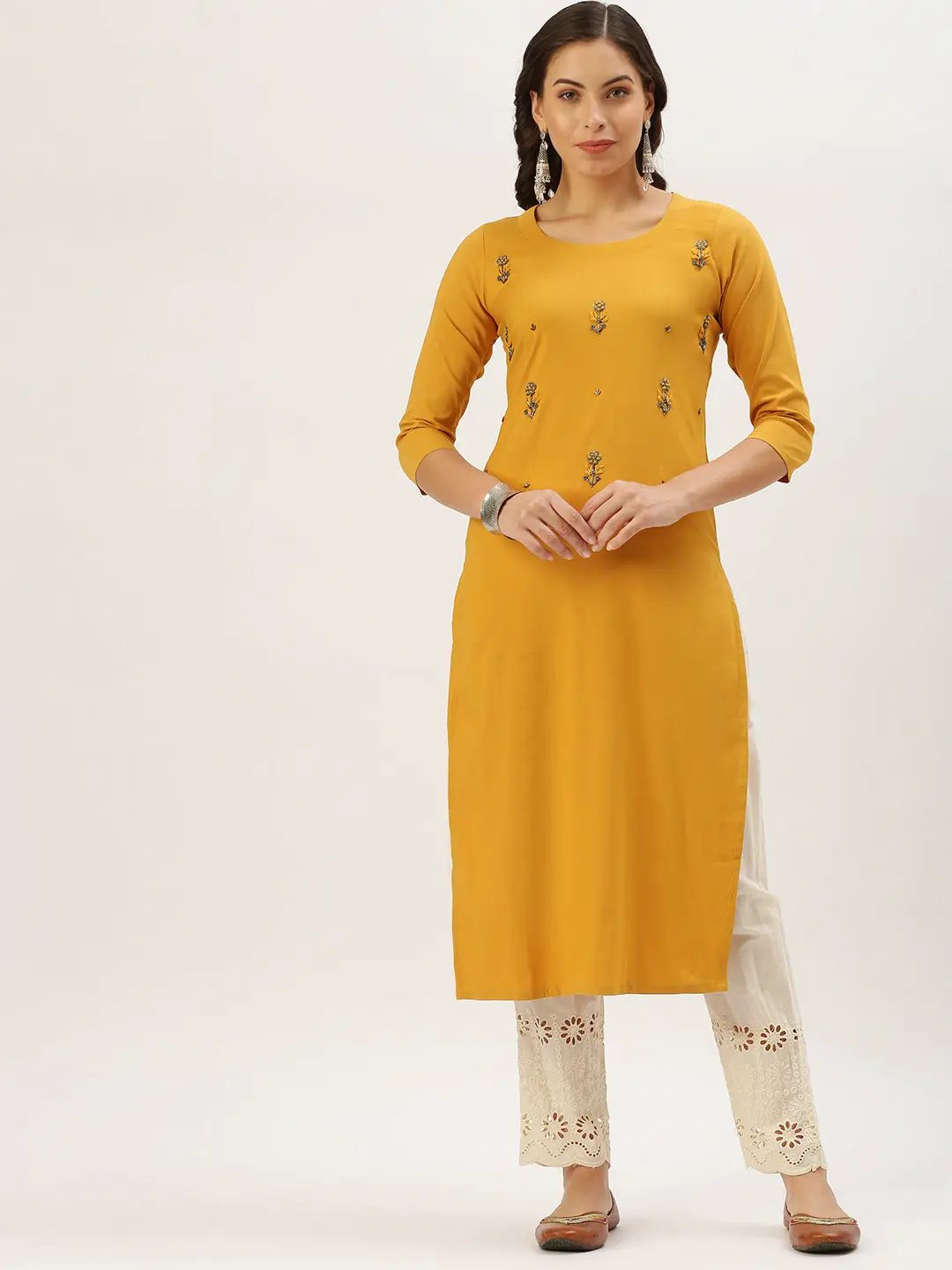 Women's Mustard Embellished Kurta Set