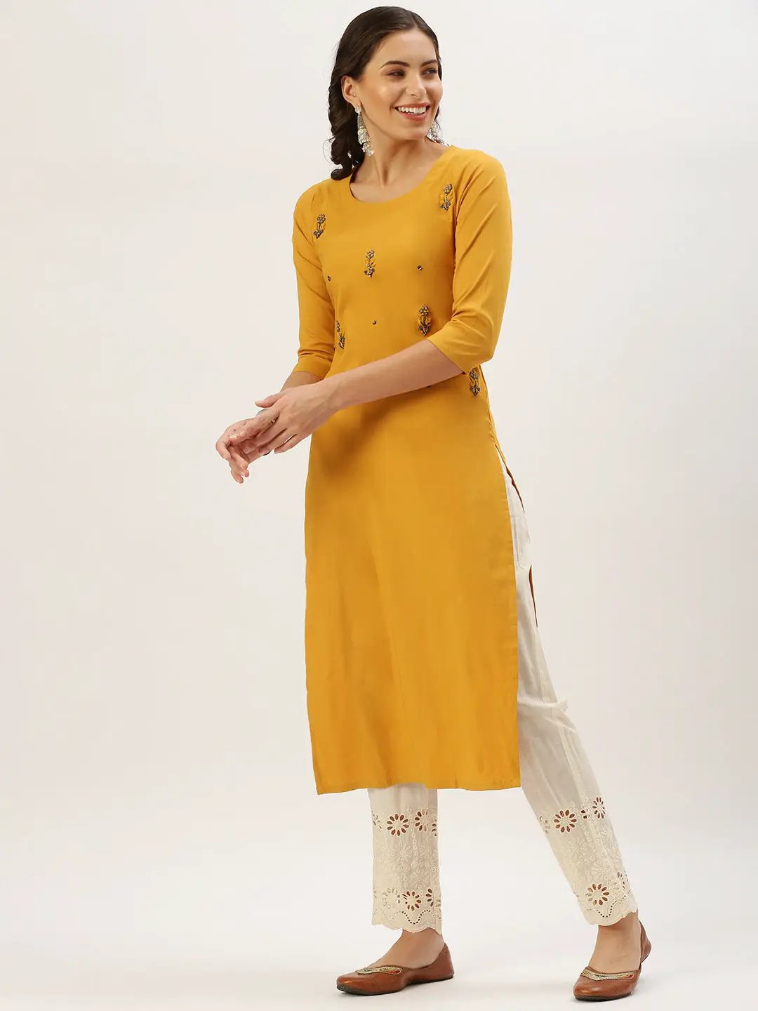 Women's Mustard Embellished Kurta Set
