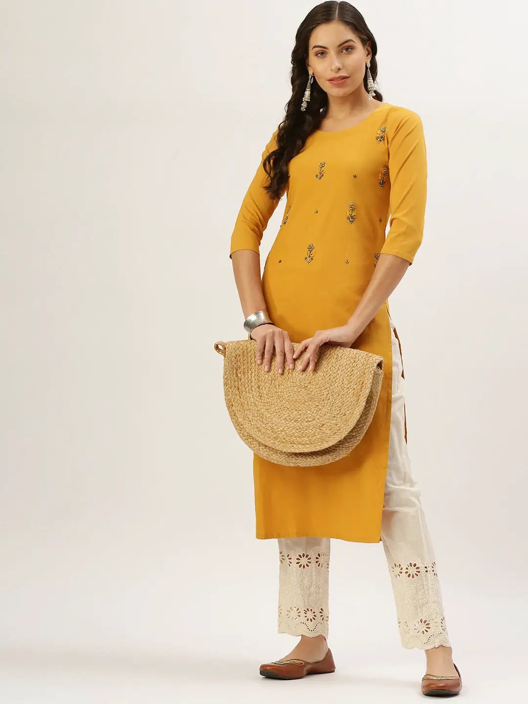 Women's Mustard Embellished Kurta Set