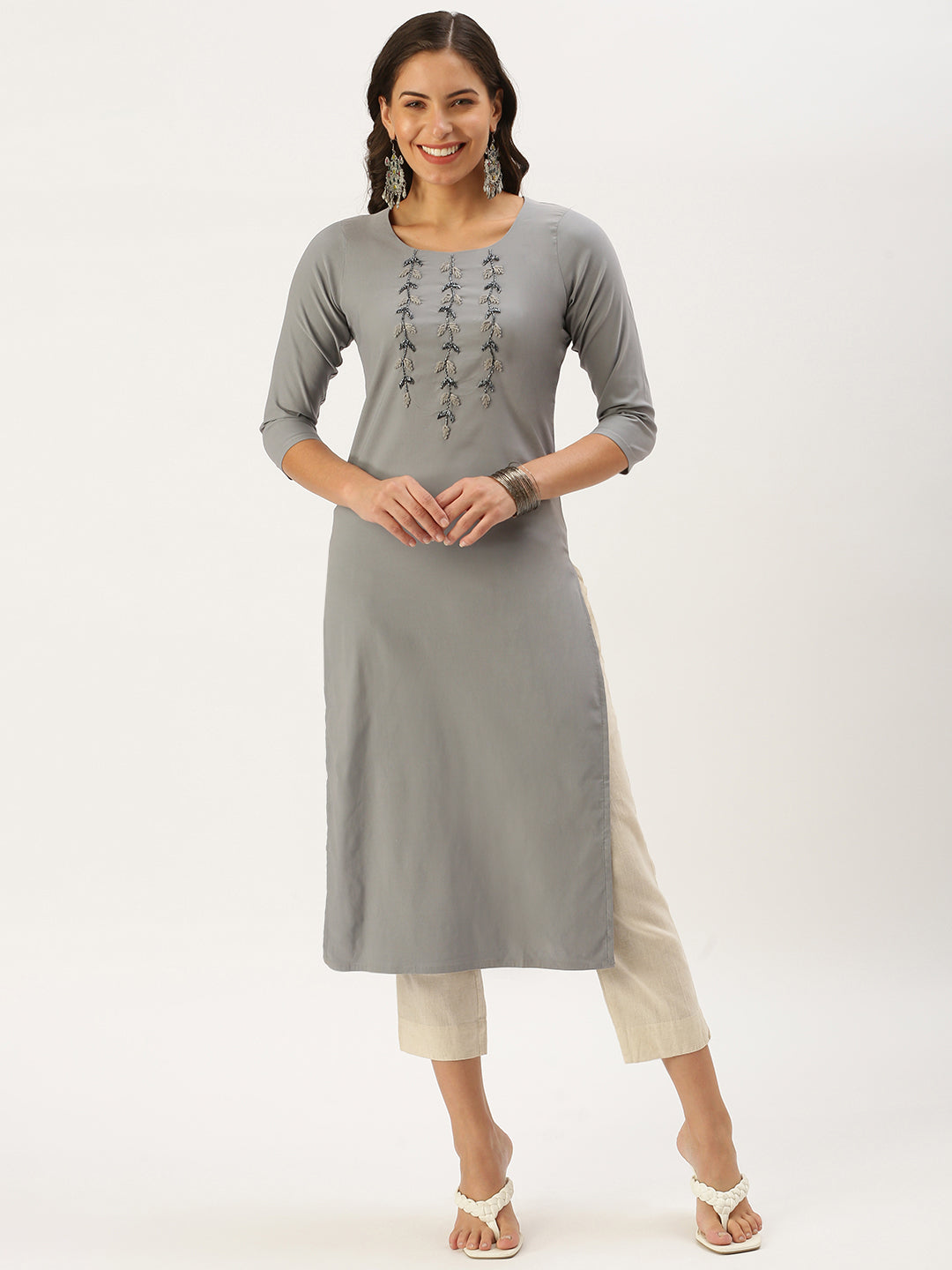 Women's Grey Solid Straight Kurta