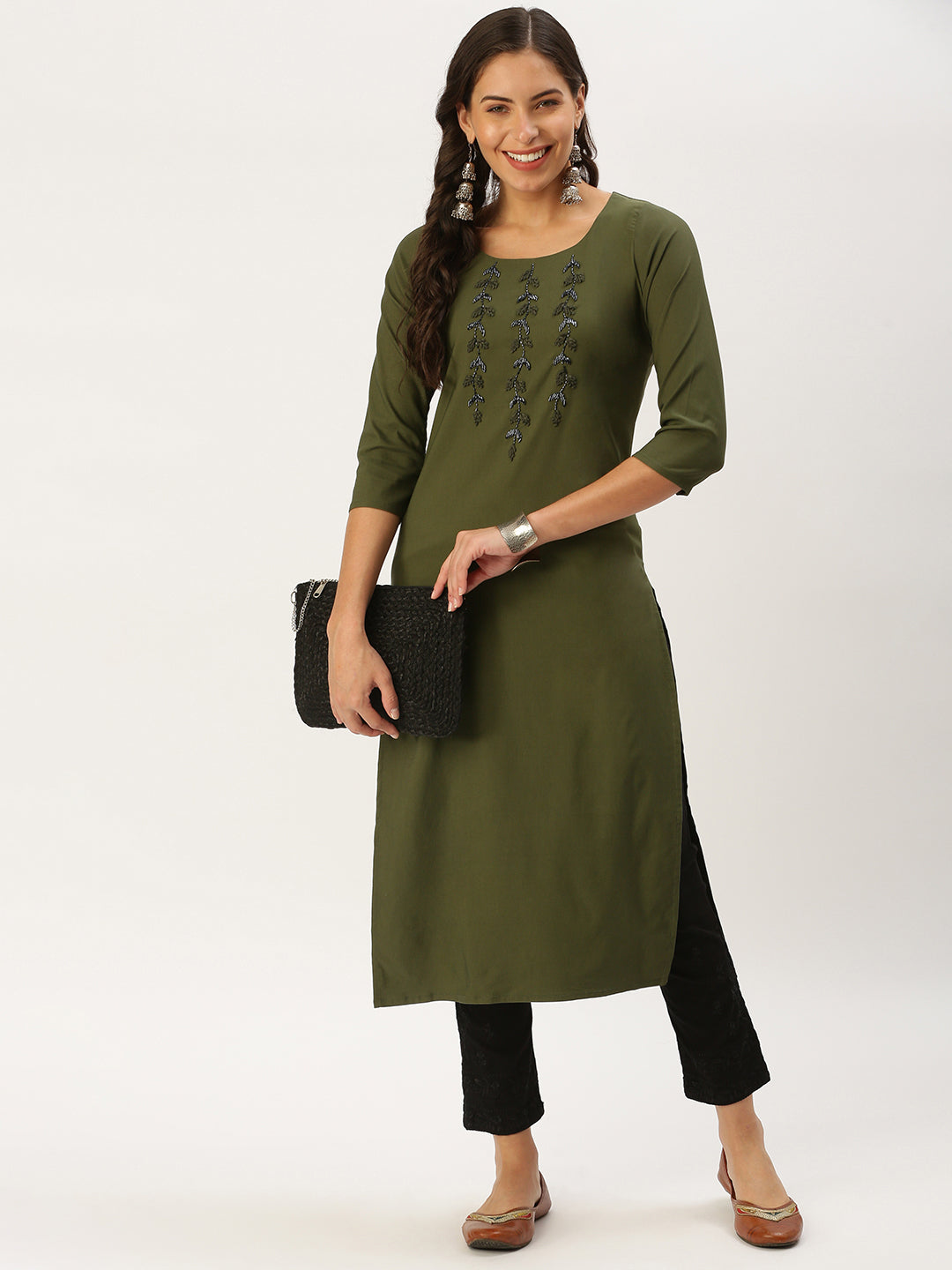 Women's Olive Solid Straight Kurta