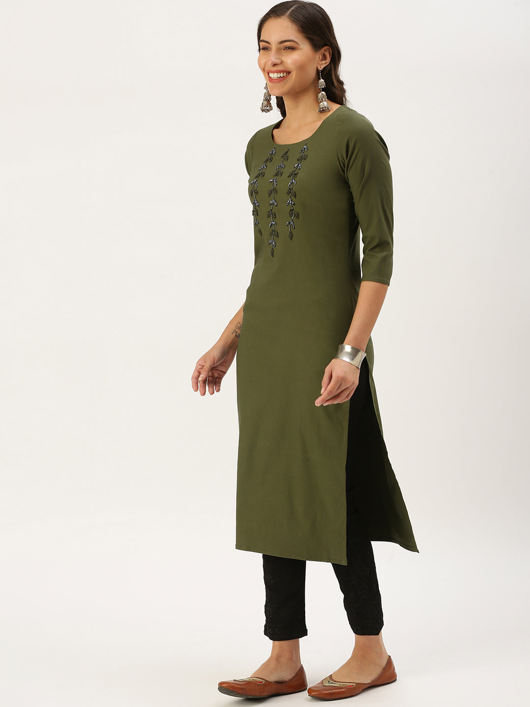 Women's Olive Solid Straight Kurta