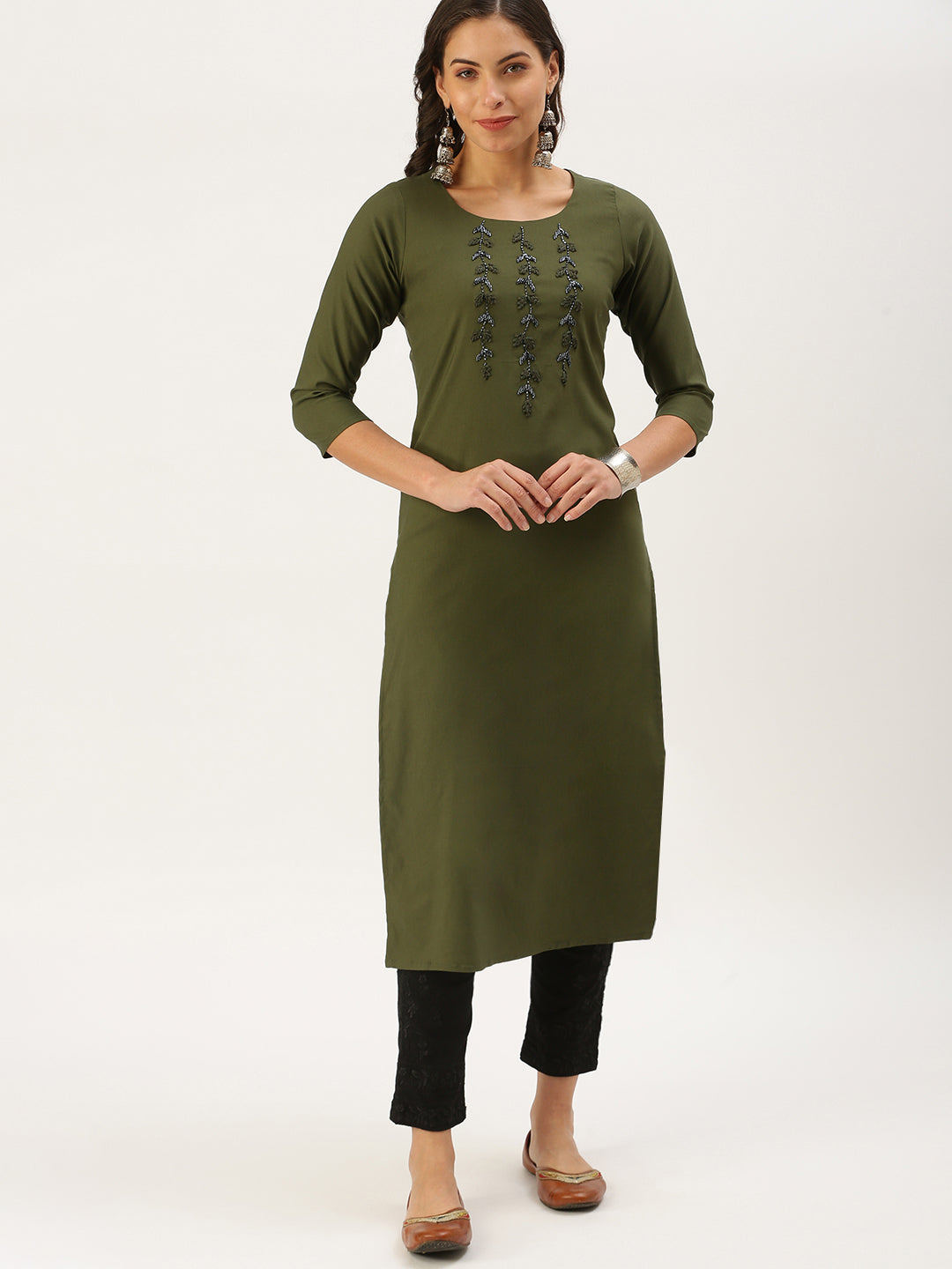 Women's Olive Solid Straight Kurta