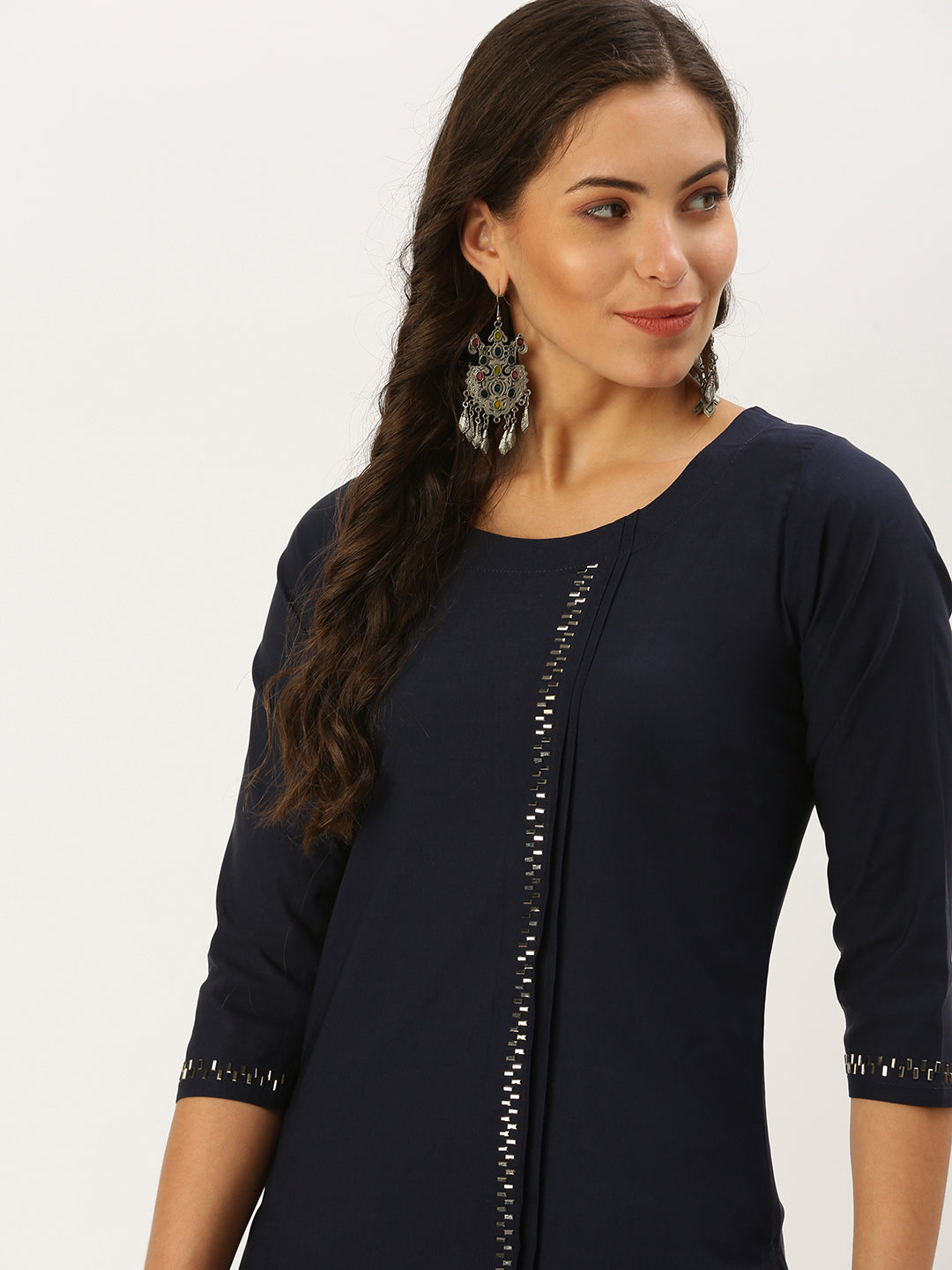 Women's Navy Blue Solid Straight Kurta