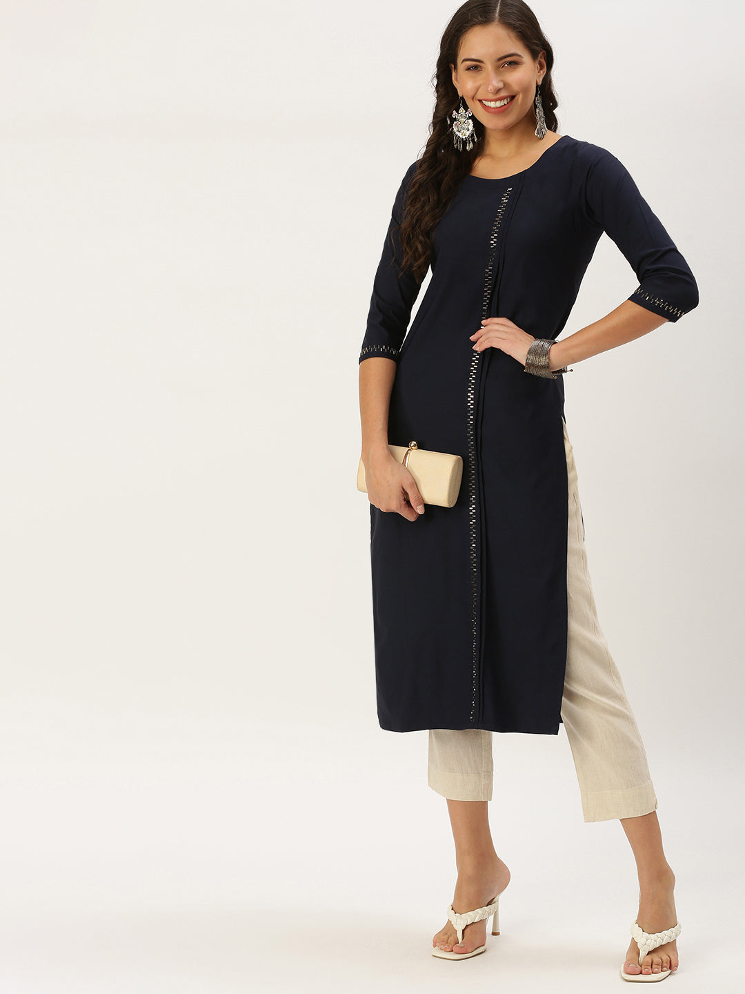 Women's Navy Blue Solid Straight Kurta