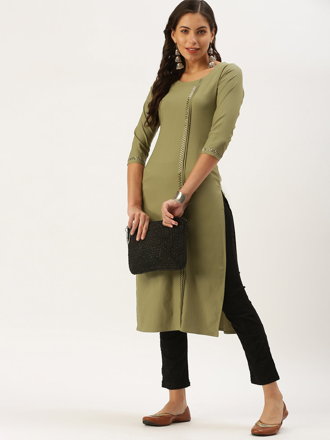 Women's Olive Solid Straight Kurta