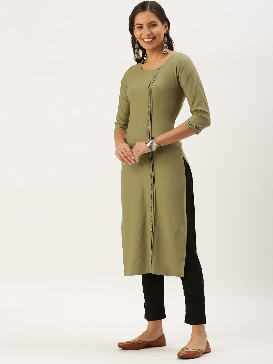 Women's Olive Solid Straight Kurta