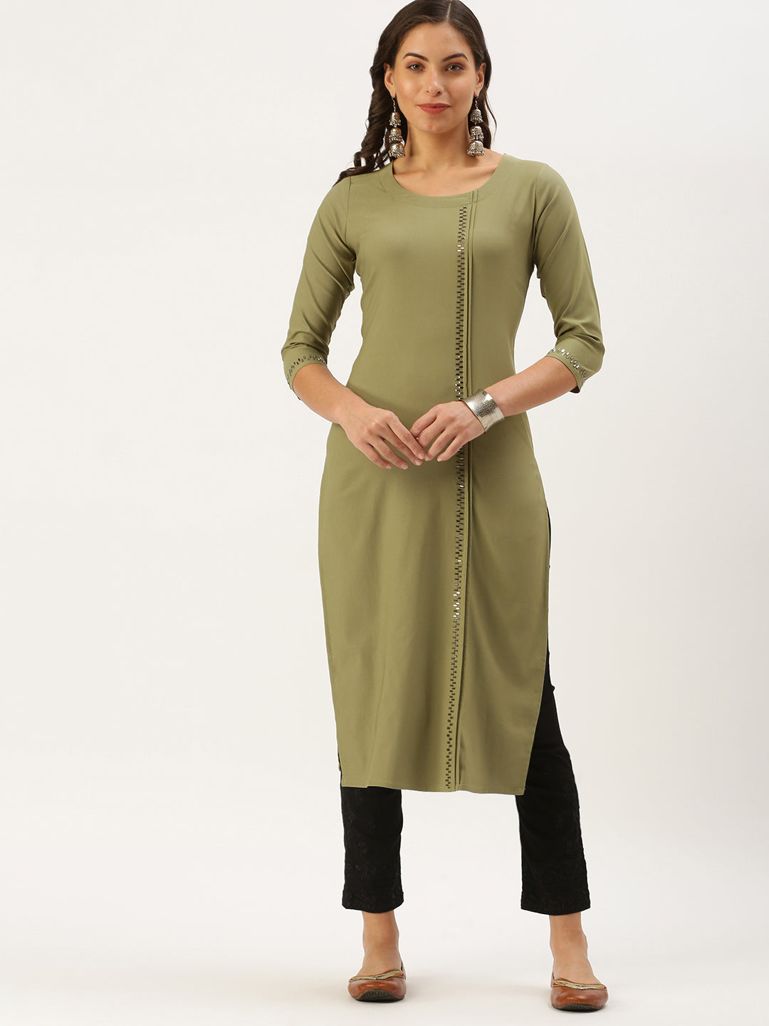 Women's Olive Solid Straight Kurta