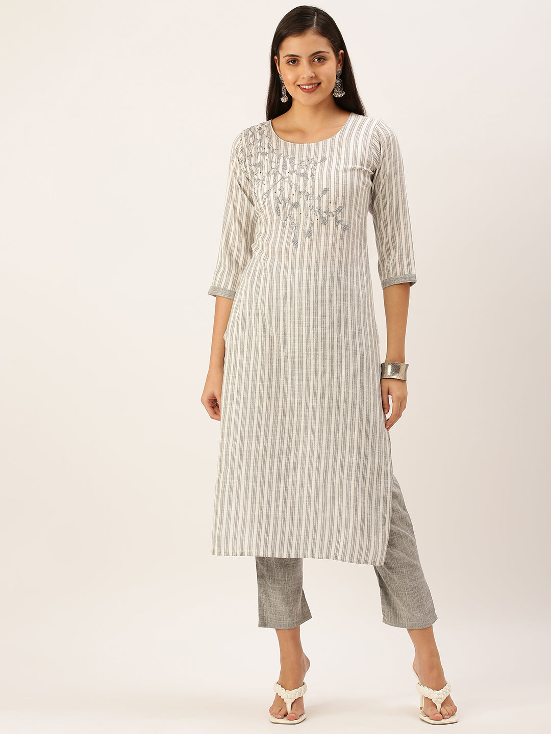 Women's Grey Striped Thread Work Kurta Set
