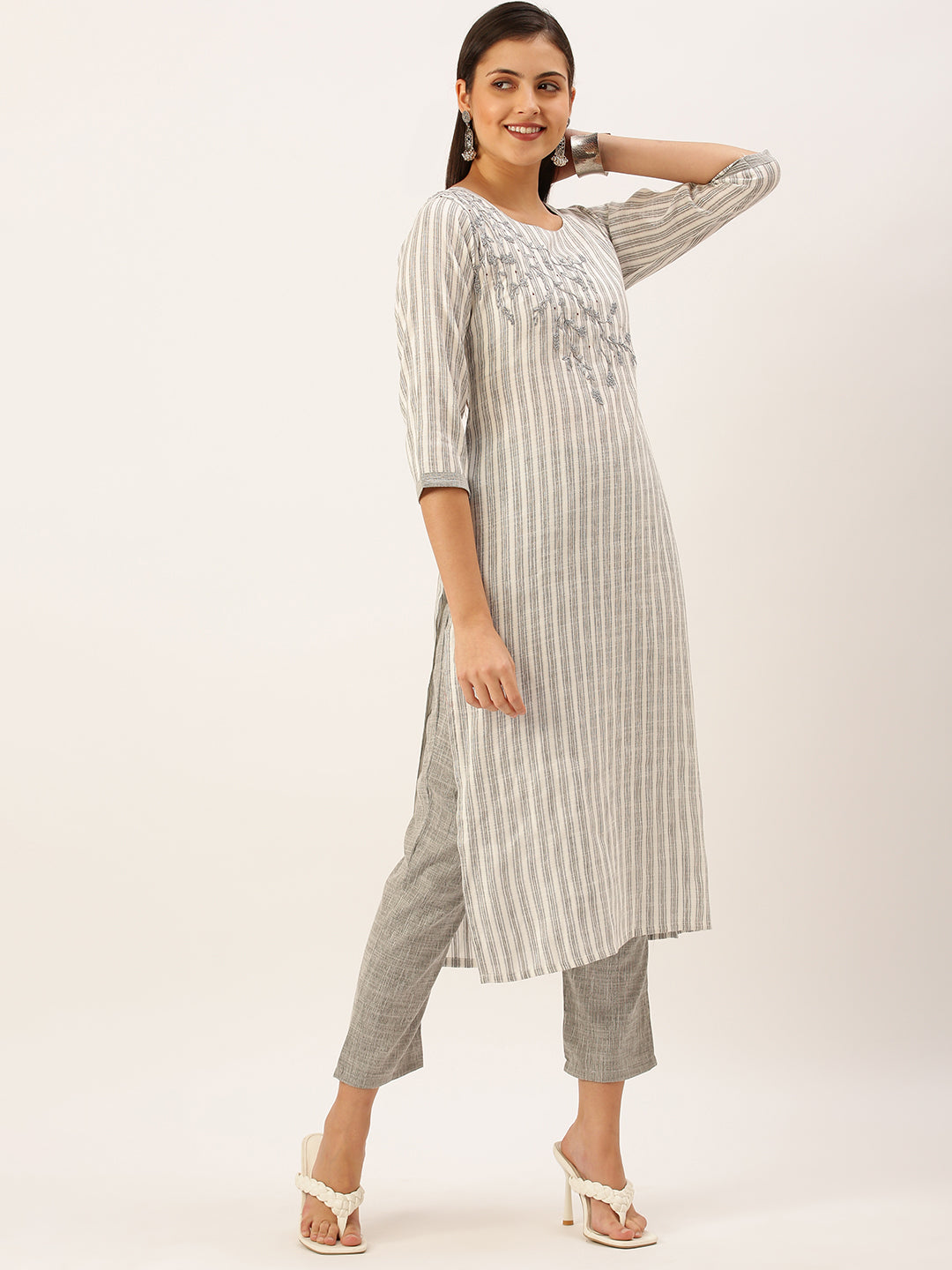 Women's Grey Striped Thread Work Kurta Set