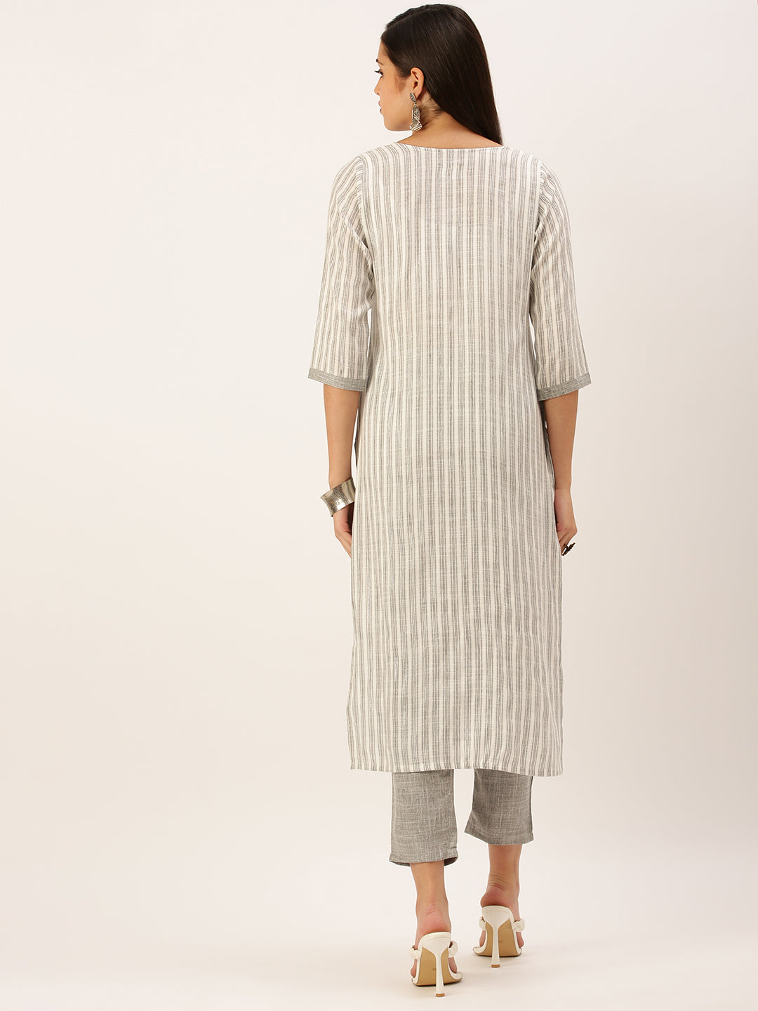 Women's Grey Striped Thread Work Kurta Set