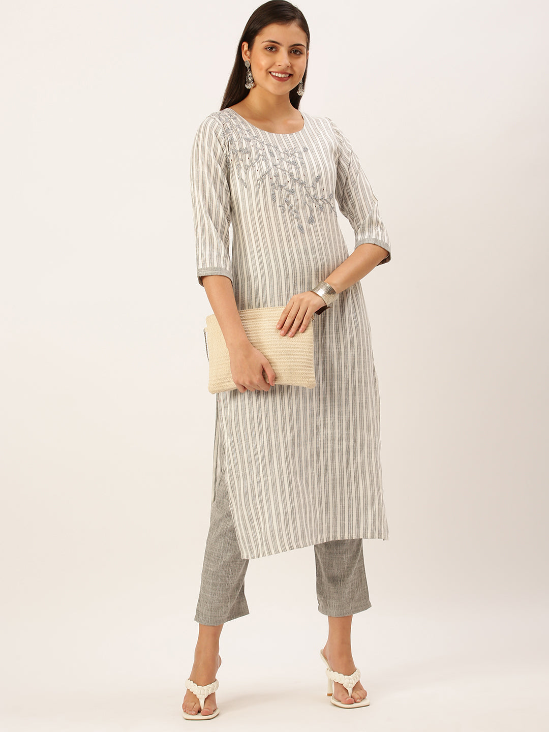 Women's Grey Striped Thread Work Kurta Set