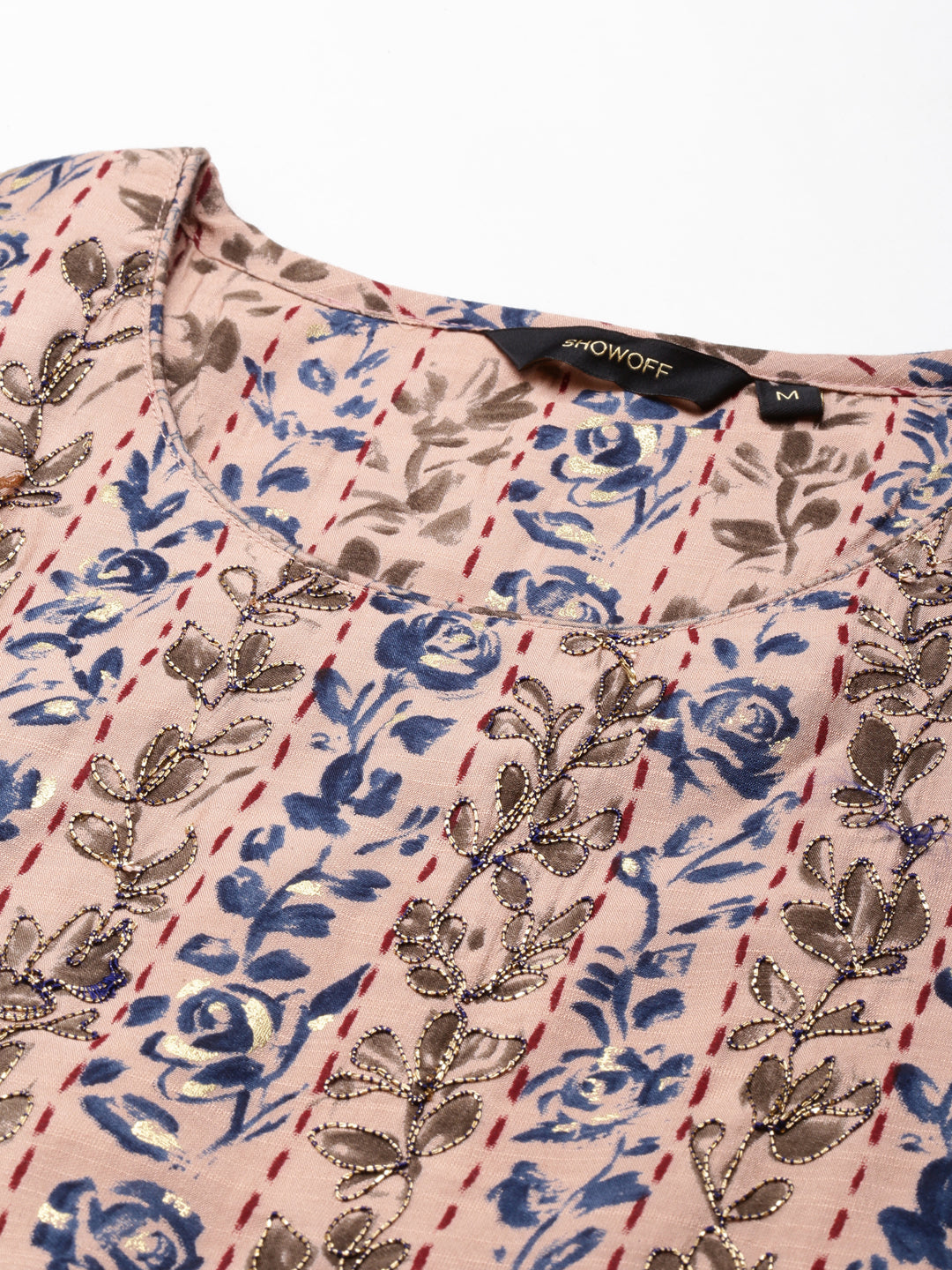 Women's Peach Floral Printed Beads and Stones Kurta Set