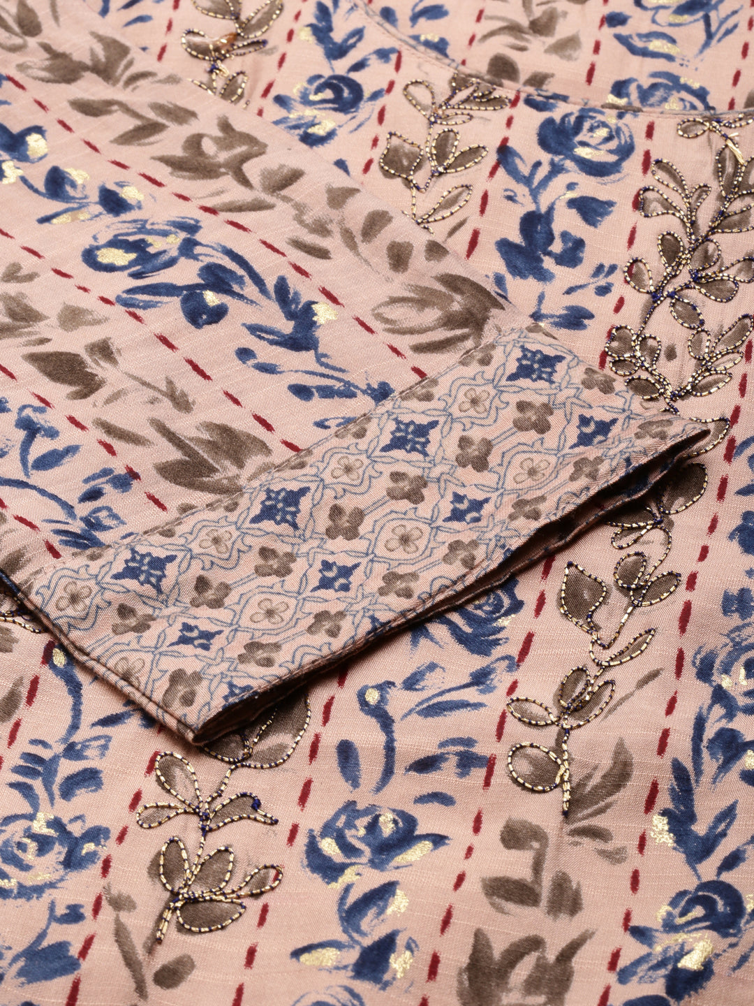 Women's Peach Floral Printed Beads and Stones Kurta Set