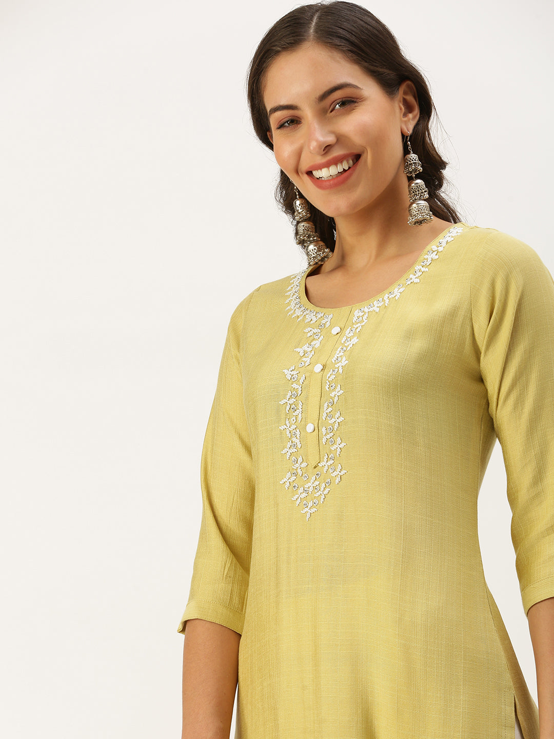 Women's Yellow Embellished Straight Kurta