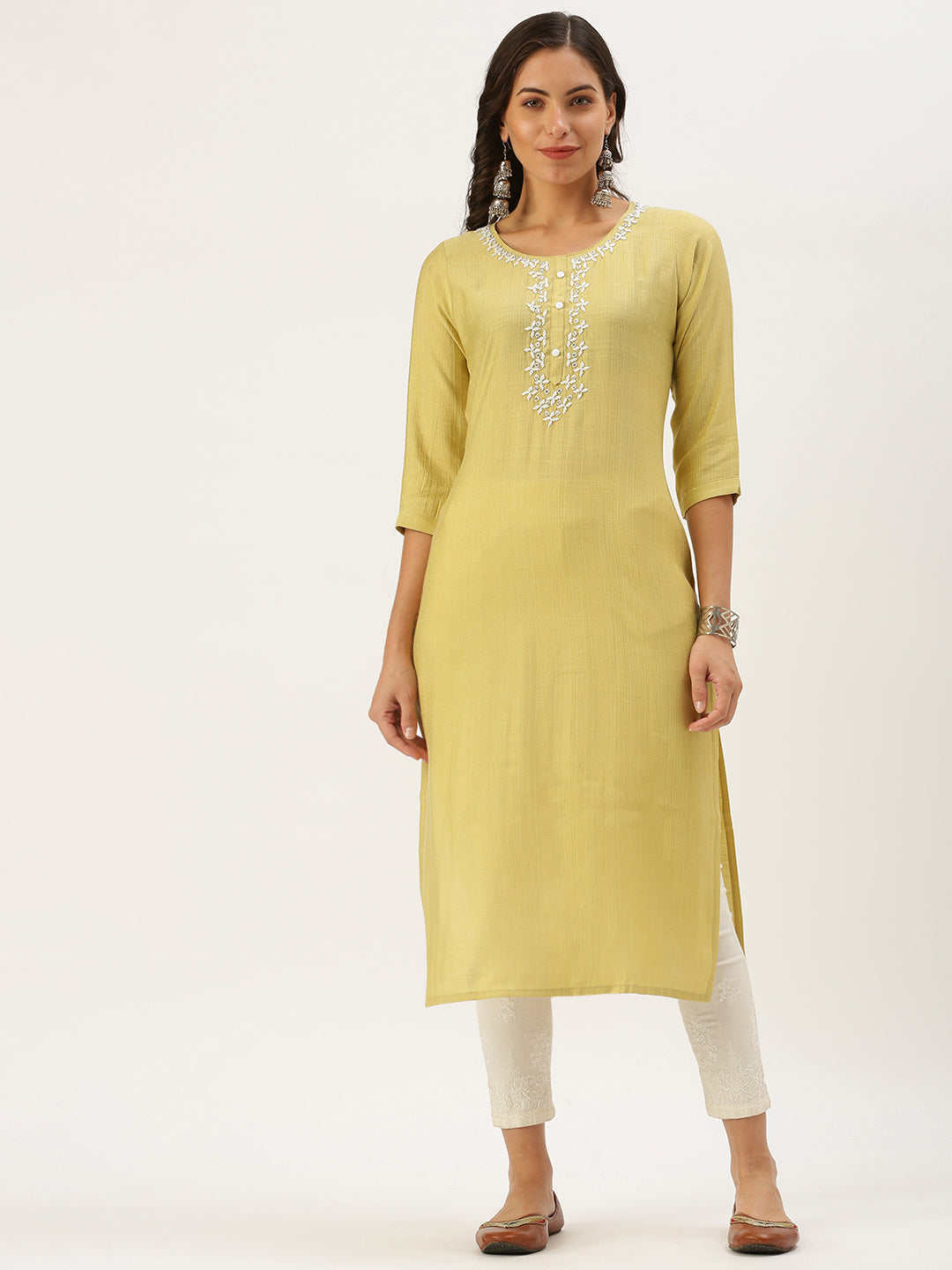 Women's Yellow Embellished Straight Kurta