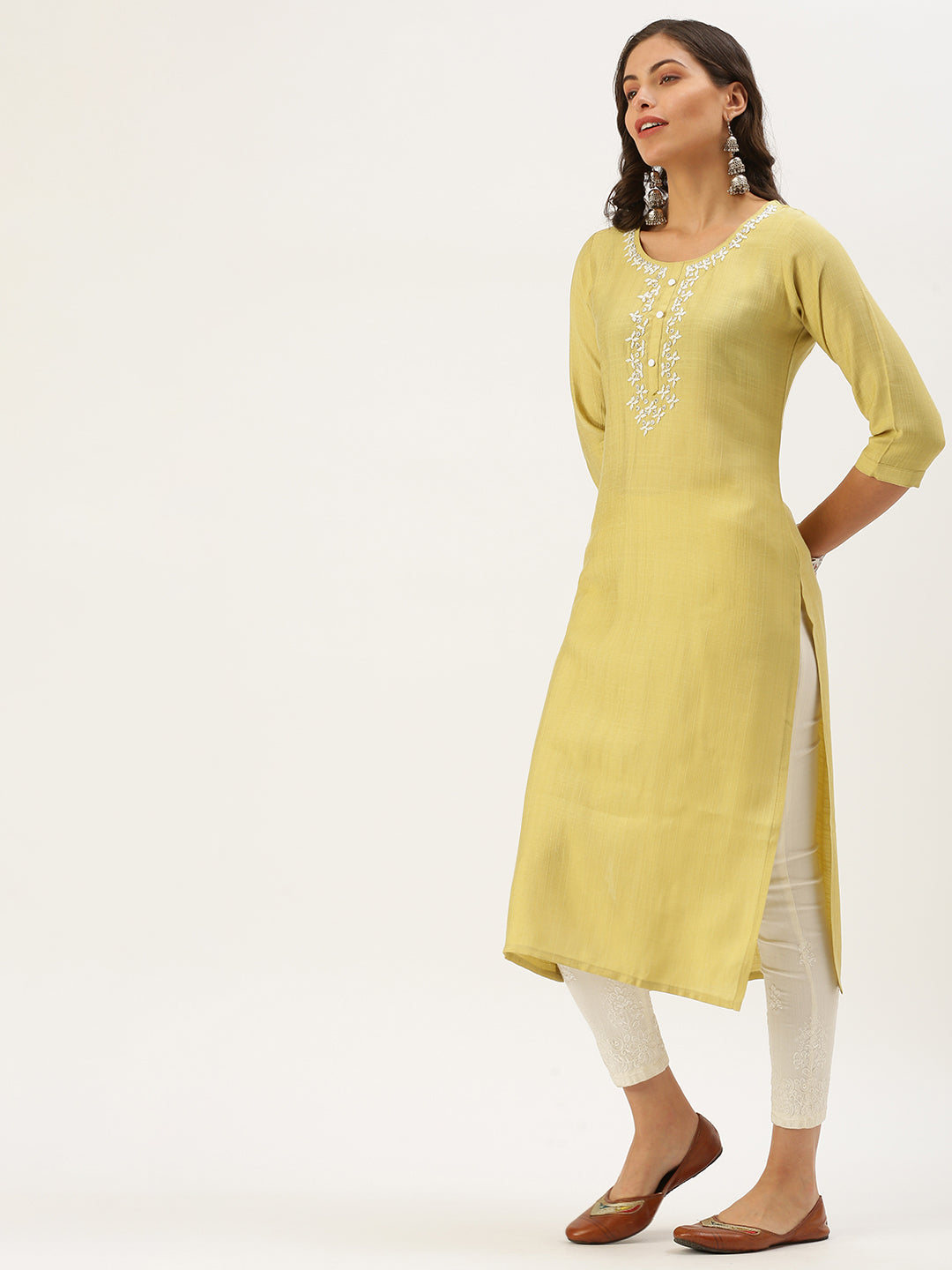 Women's Yellow Embellished Straight Kurta