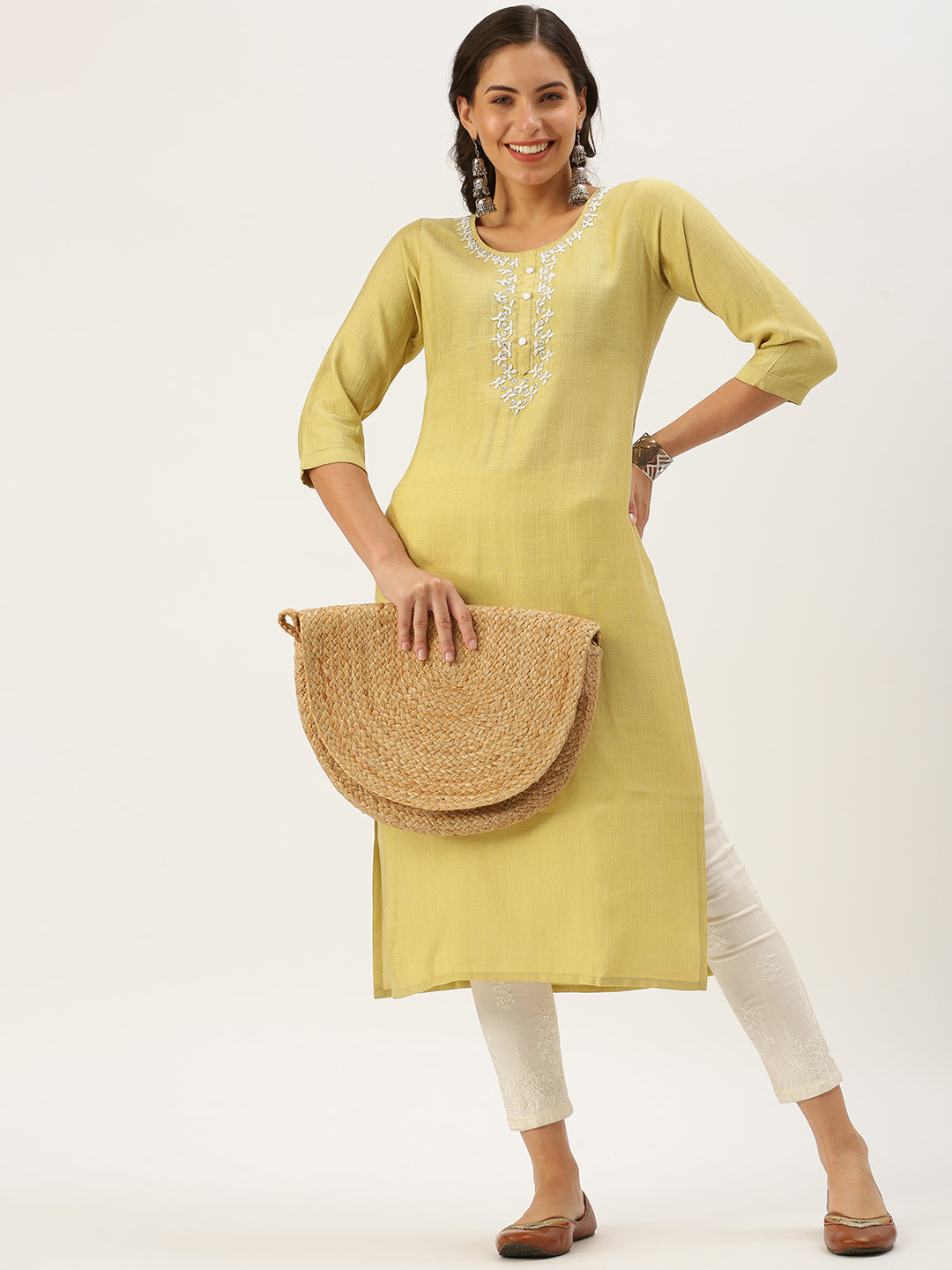 Women's Yellow Embellished Straight Kurta