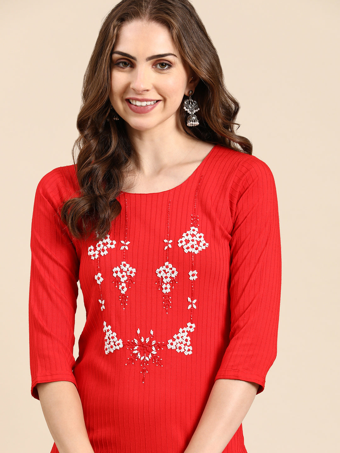 Women's Red Embellished Straight Kurta