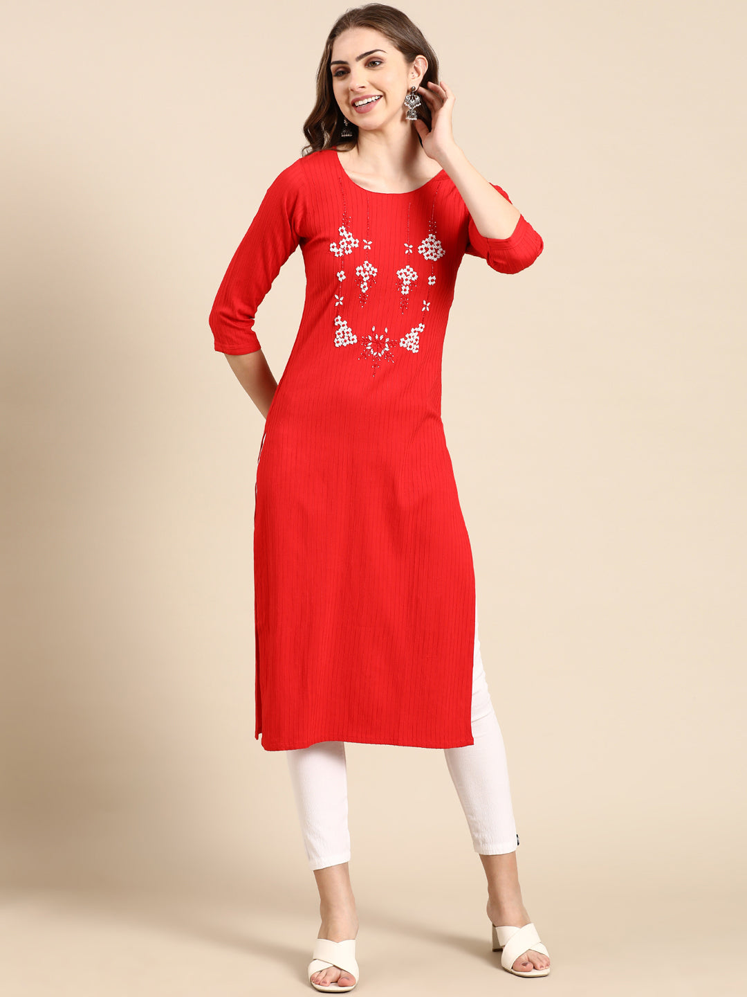 Women's Red Embellished Straight Kurta