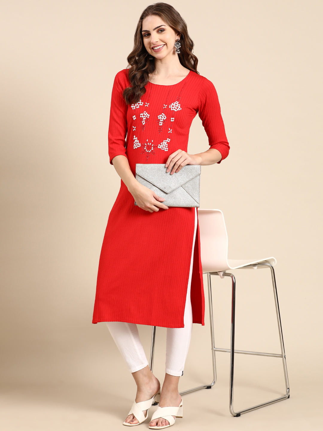 Women's Red Embellished Straight Kurta