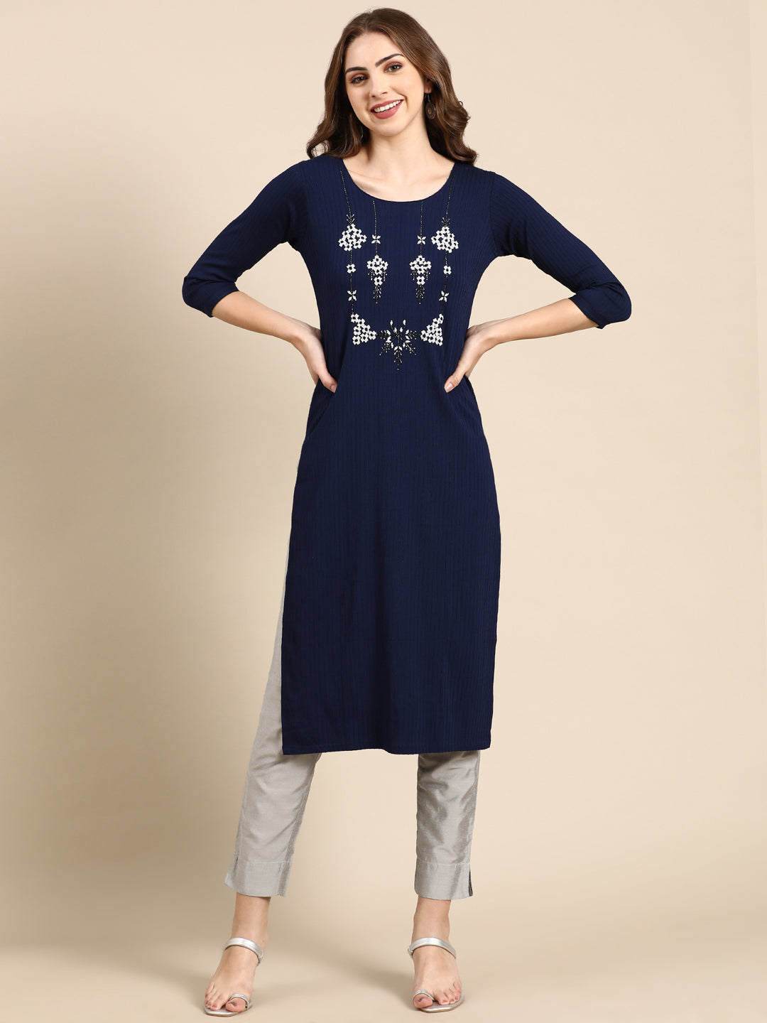 Women's Navy Blue Embellished Straight Kurta