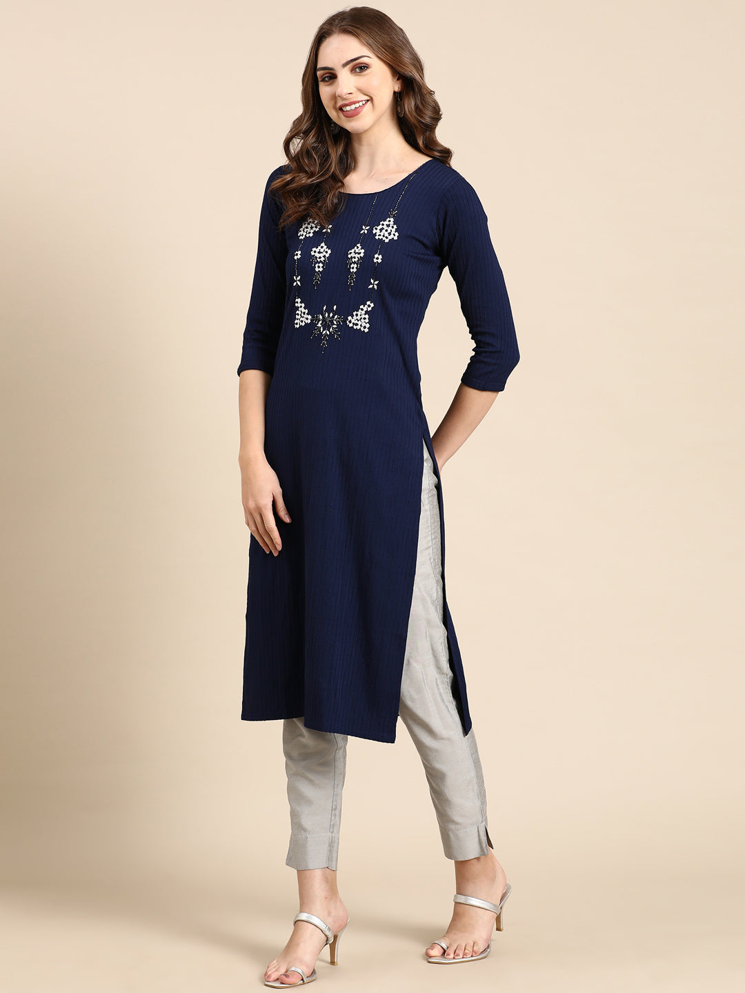 Women's Navy Blue Embellished Straight Kurta