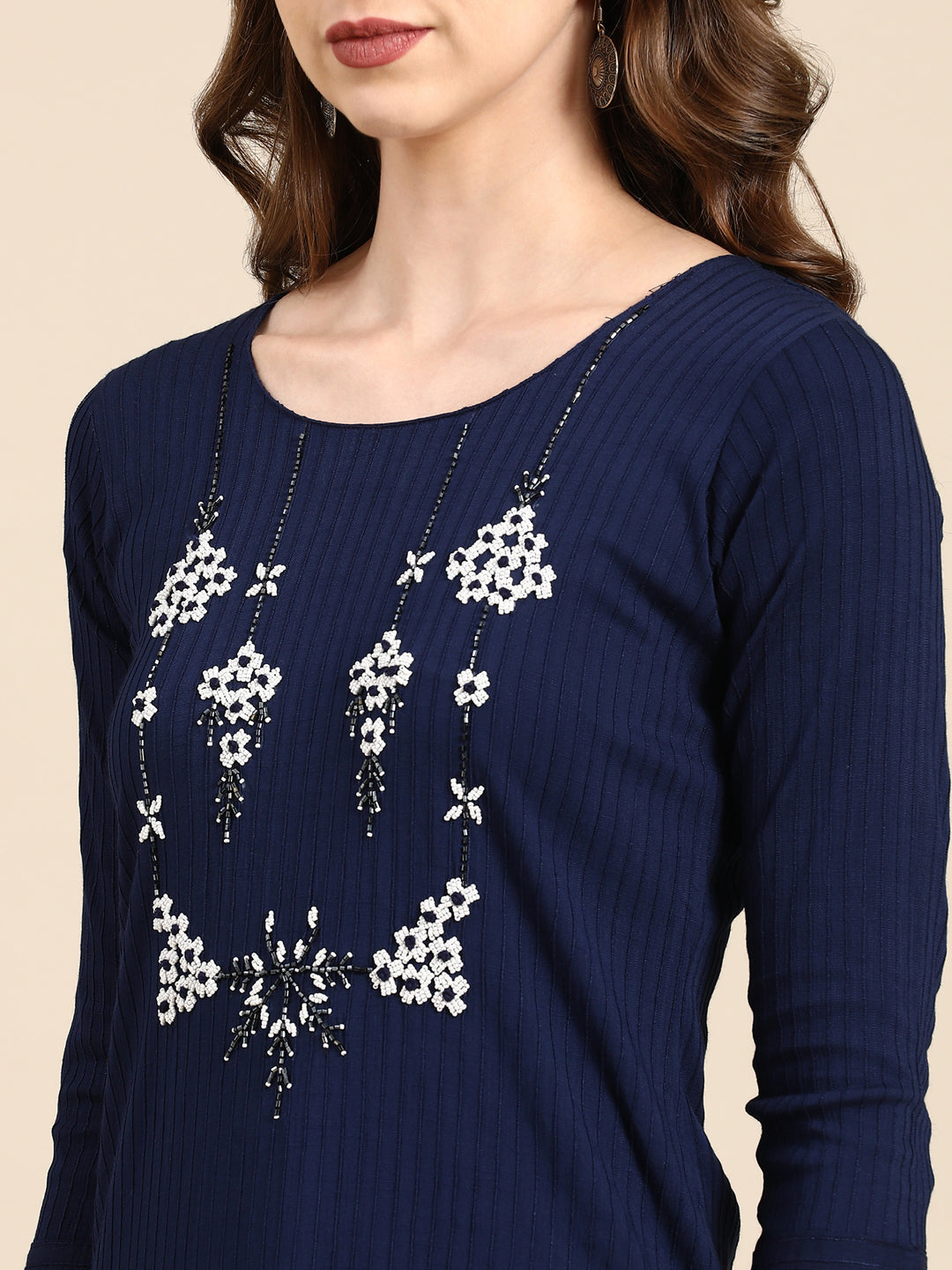 Women's Navy Blue Embellished Straight Kurta