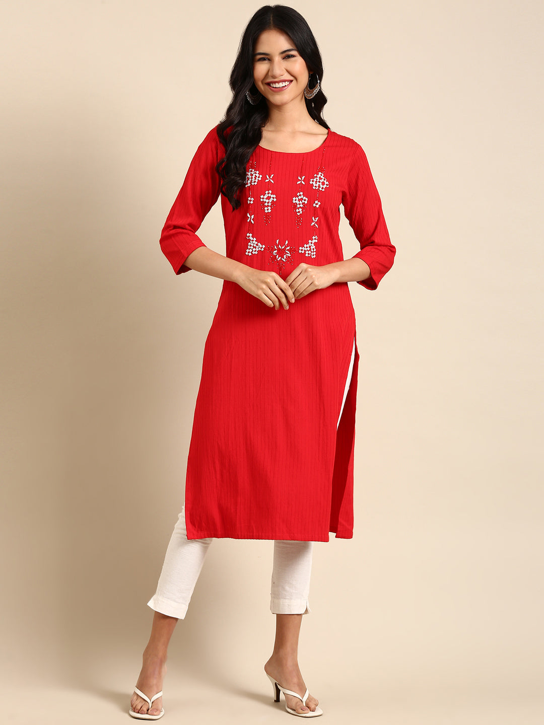 Women's Red Solid Straight Kurta